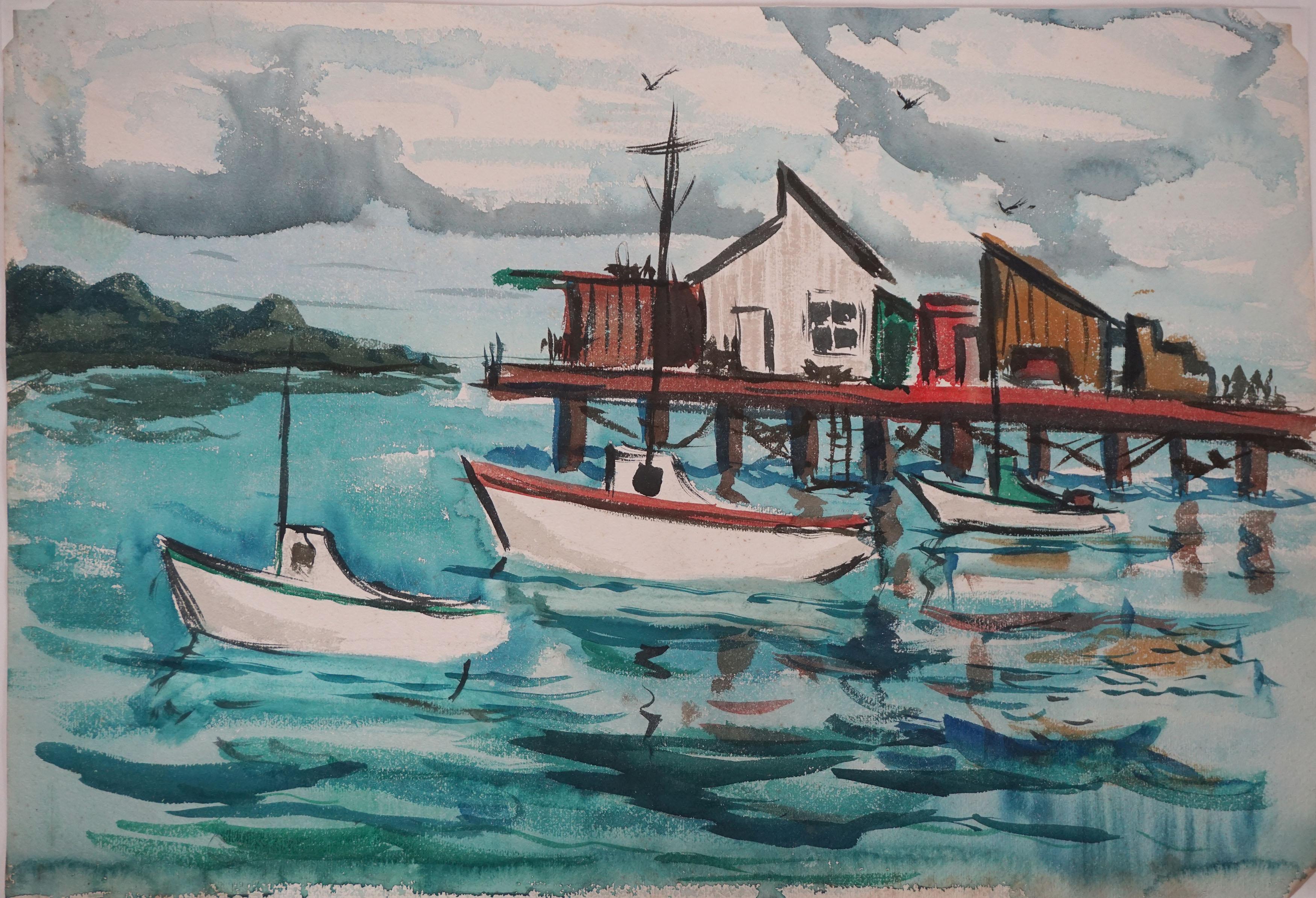 Mid Century Modern Nautica Landscape of Boats and Wharf in Acrylic on Paper

Vibrant mid century landscape by California artist Bertram Spencer (American, 1918-1992). Three sailboats bob in the vivid aqua water with wharf with billowy clouds high