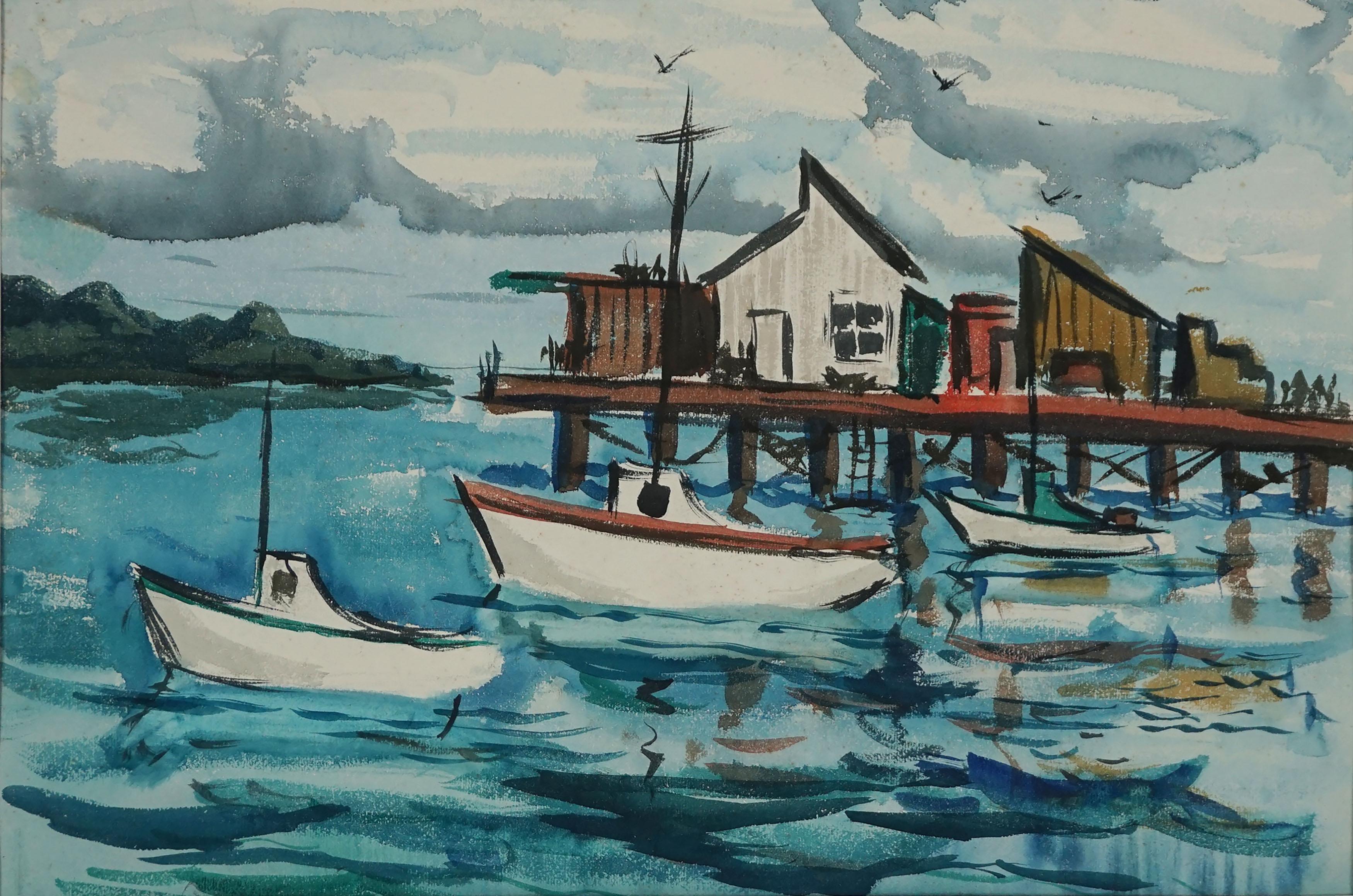 Bertram Spencer Landscape Painting – Nautische Landschaft aus der Mitte des Jahrhunderts – Segelboote am Hafen