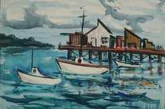 Retro Mid Century Modern Nautical Landscape - Sailboats by the Wharf