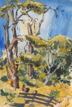 Mid Century Modern Vertical Landscape with Fence in Acrylic on Paper