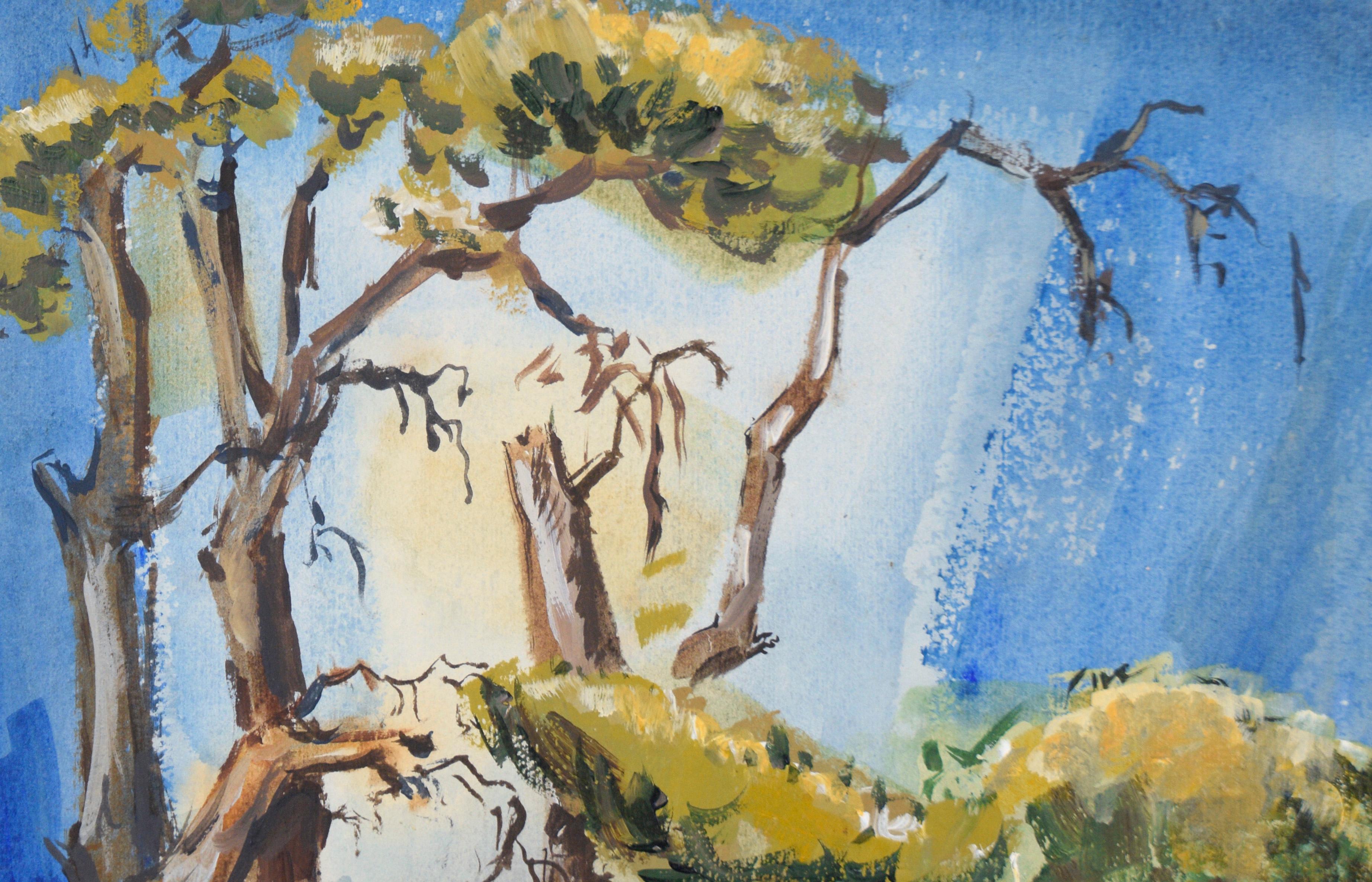 Mid Century Modern Vertical Landscape with Fence in Acrylic on Paper

Vibrant landscape by California artist Bertram Spencer (American, 1918-1992). Several large trees rise out of dense brush, reaching into a bold blue sky. At the bottom of the