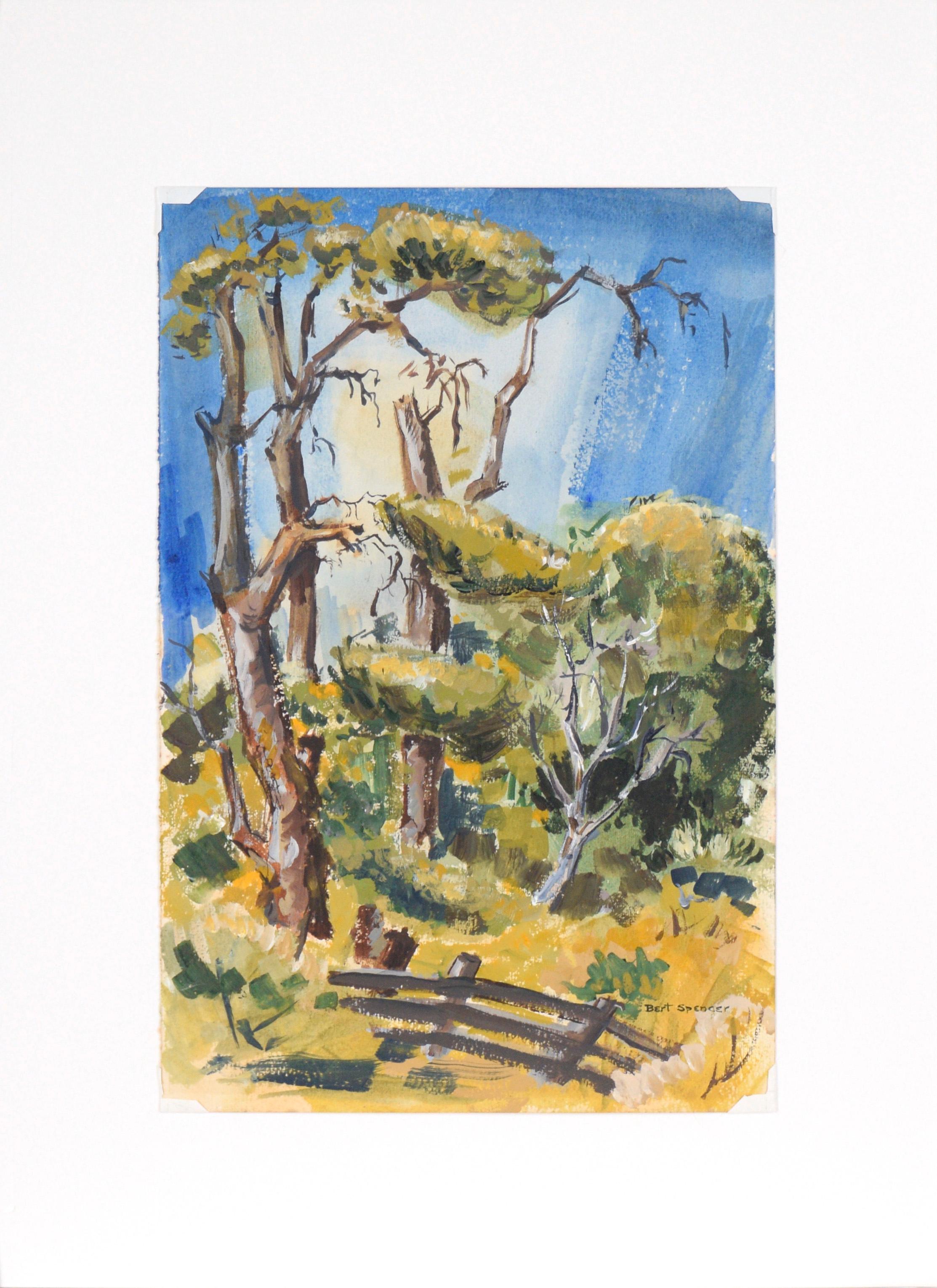 Mid Century Modern Vertical Landscape with Fence in Acrylic on Paper For Sale 6