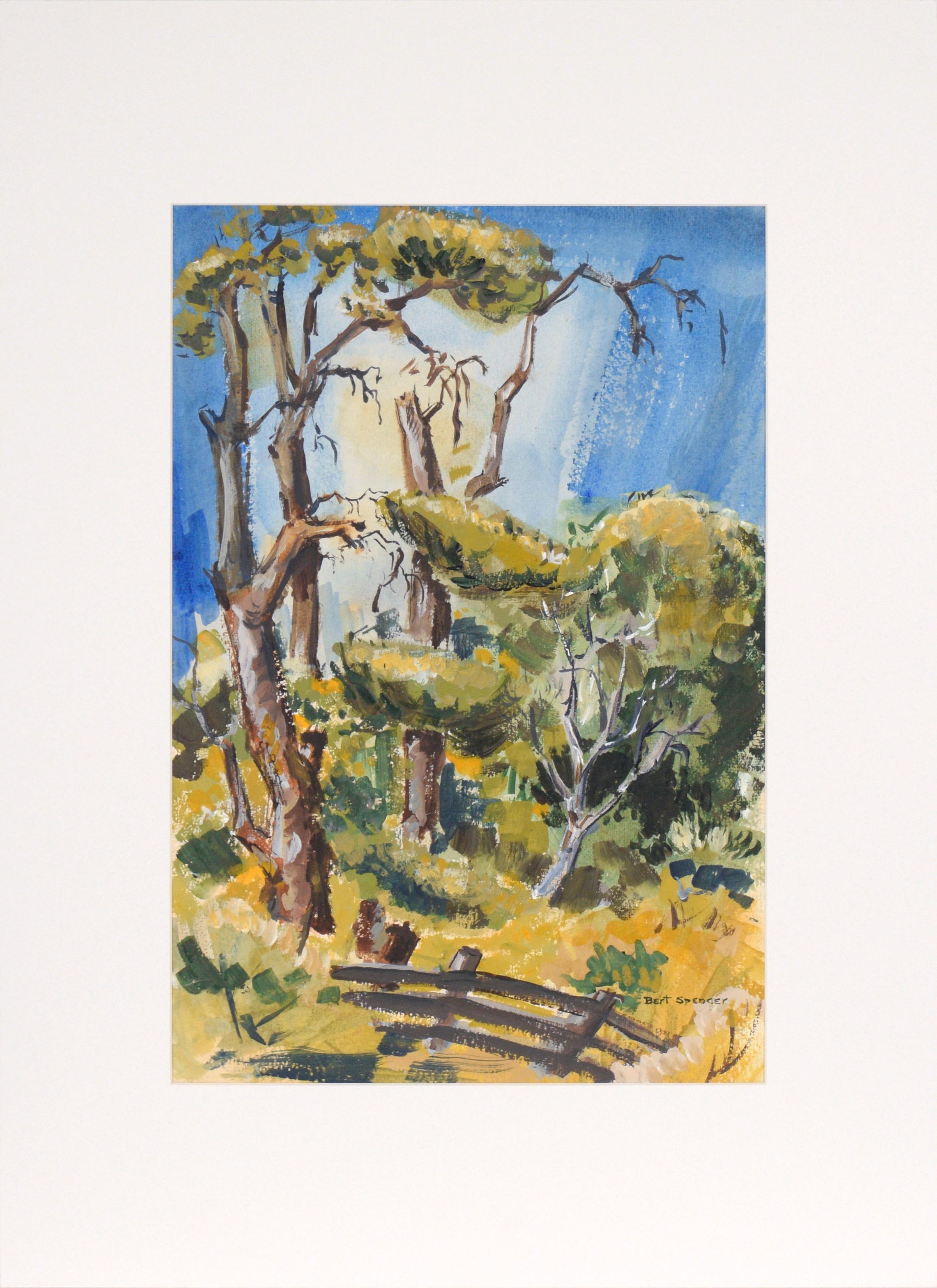 Bertram Spencer Landscape Painting - Mid Century Modern Vertical Landscape with Fence in Acrylic on Paper