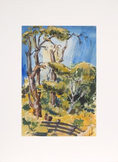 Paisaje vertical moderno de mediados de siglo con valla en acrílico sobre papel