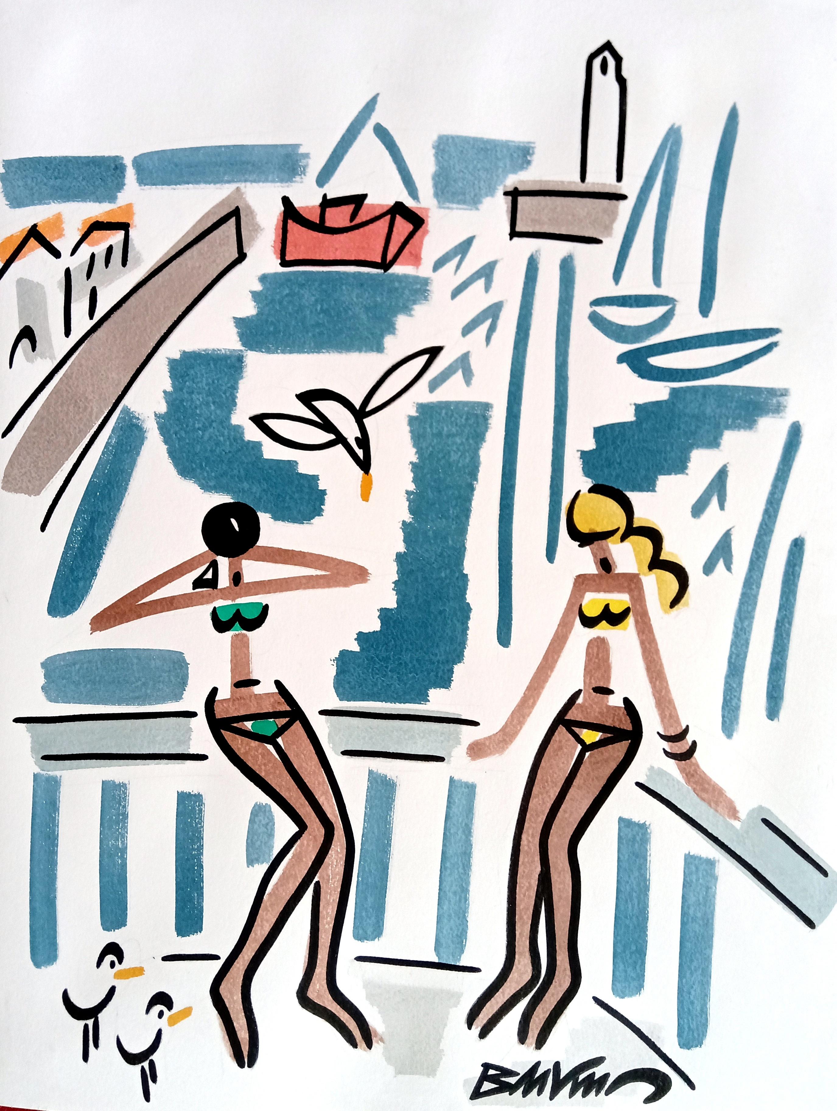figurative drawing "Bathers in Cibourne" watercolors and indian ink on paper - Art by Bertrand de Vismes