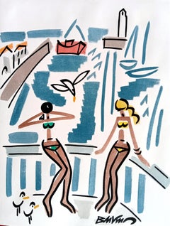 figurative drawing "Bathers in Cibourne" watercolors and indian ink on paper