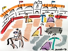 figurative drawing "Corrida in Basque country " watercolors ink