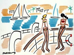 figurative drawing "Cruise on the Nile" watercolors on paper multi colored women