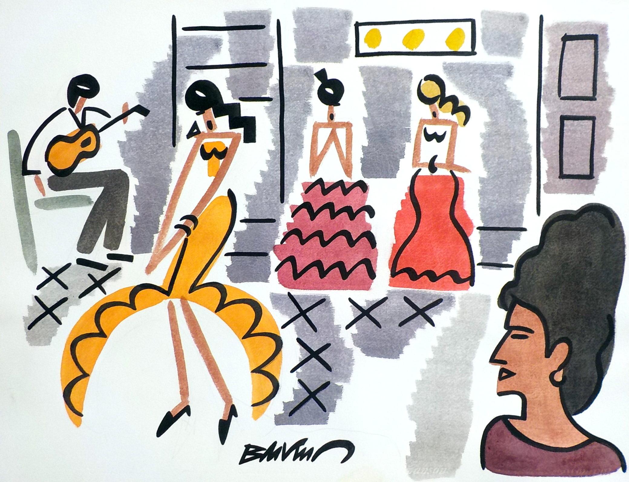 figurative drawing "Flamenco in Séville" watercolors ink on paper