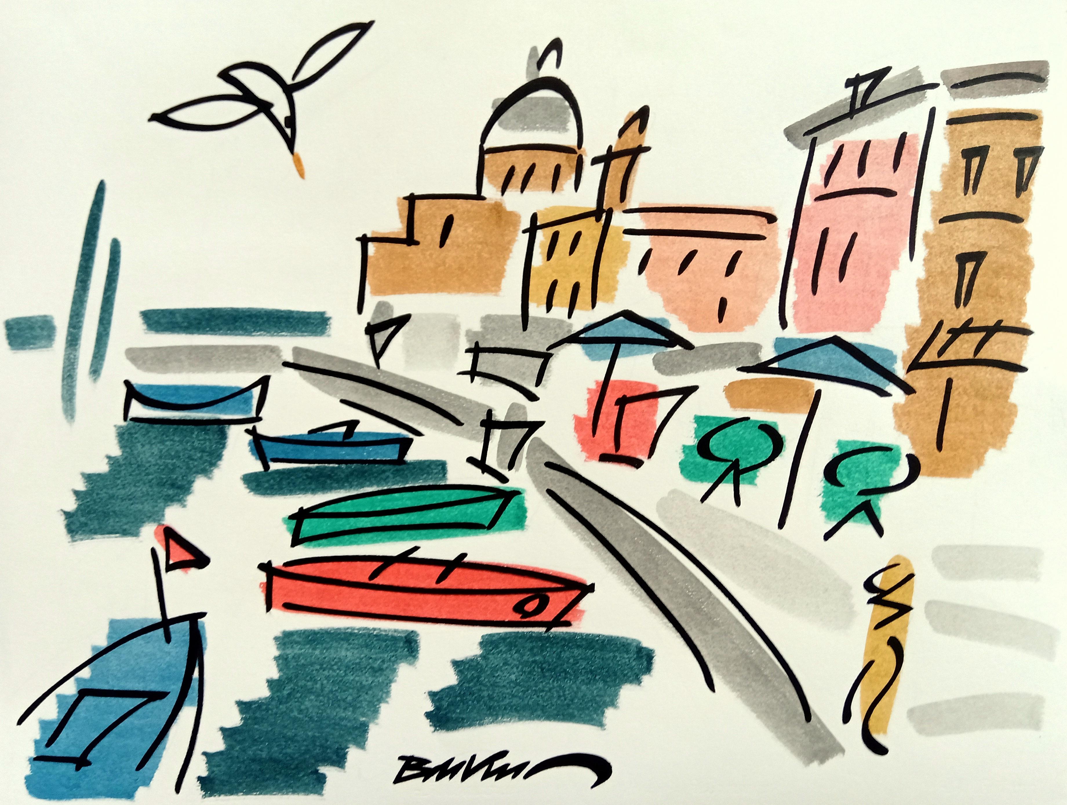 Bertrand de Vismes Figurative Art - figurative drawing "Procida, on the Amalfi Coast" watercolors ink on paper