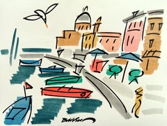 figurative Zeichnung „Procida, an der Amalfiküste“ mit Aquarellfarben auf Papier