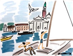 figurative "Sailboat in Venice sailing to St Georgio " watercolour ink on paper 