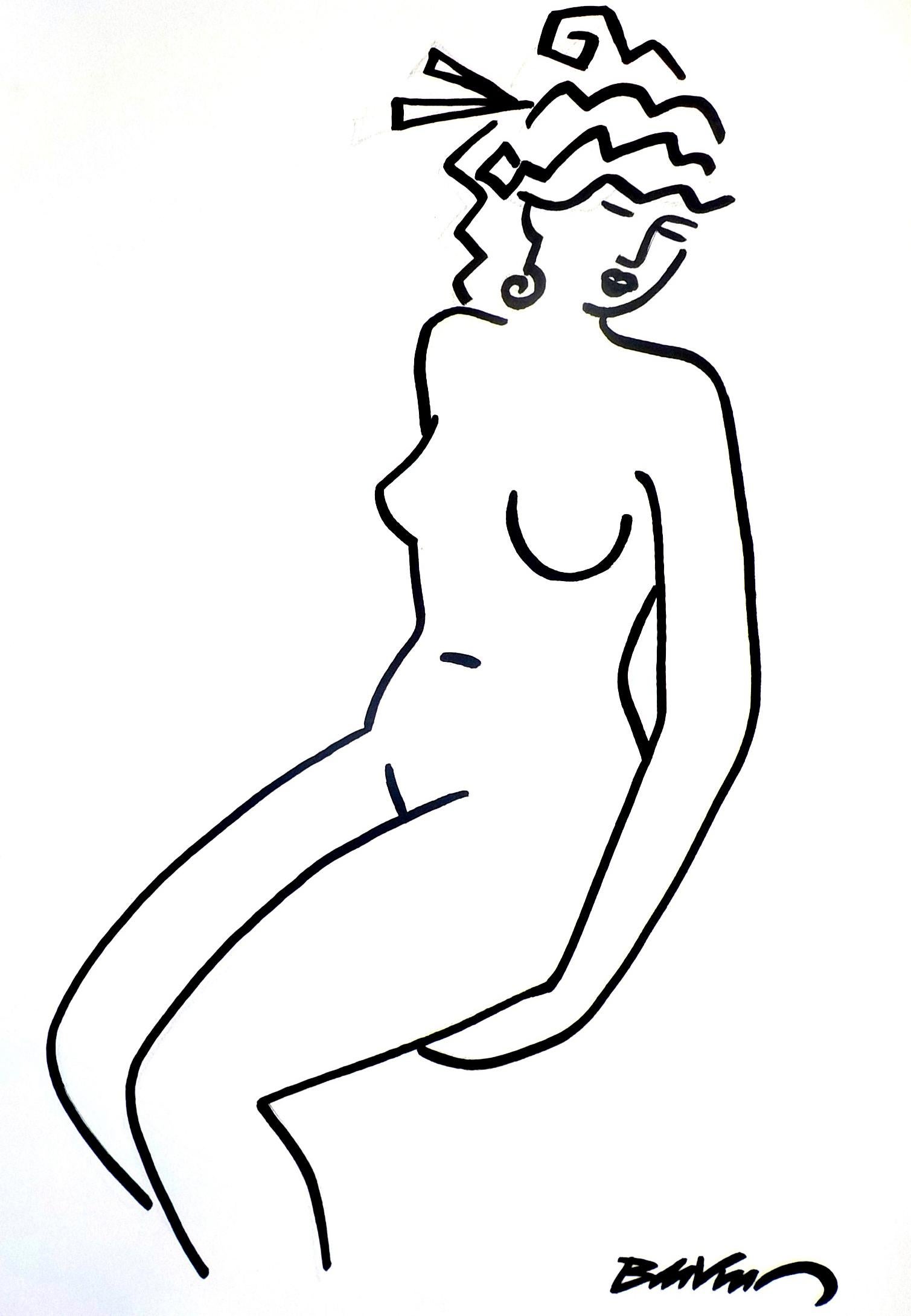 figurative drawing "Sitting nude three-quarters face " indian ink and brushes
