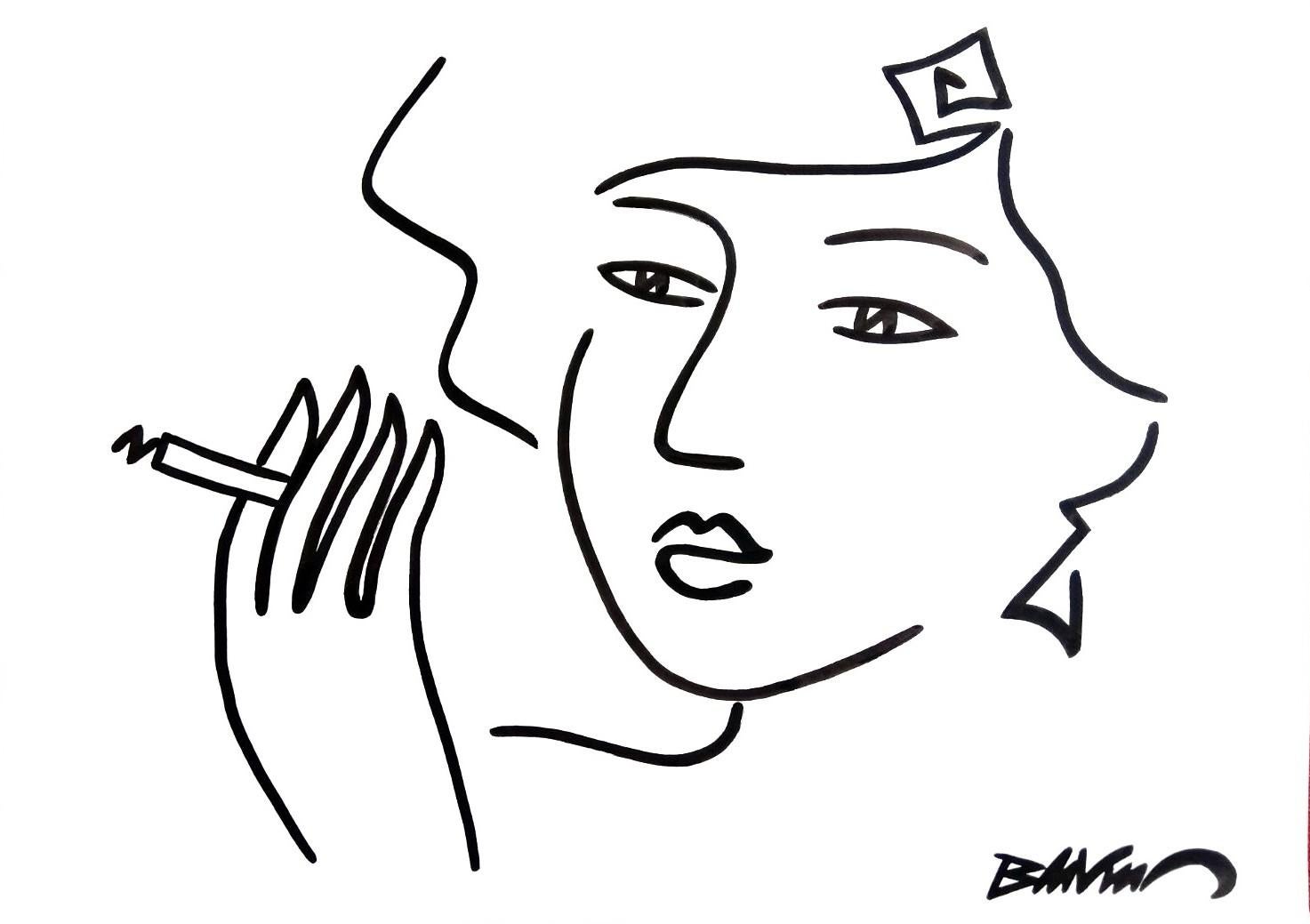 Bertrand de Vismes Figurative Art - figurative drawing "Smoking women" Indian ink and brushes on paper 50x65 cm