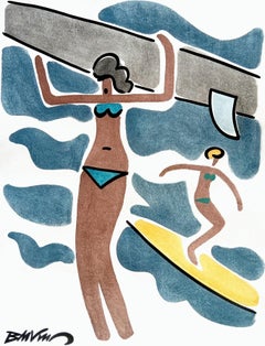 figurative drawing "Surfer in a blue bikini" watercolors on paper