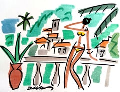 figurative "Woman in a yellow jersey on the Riviera " watercolour ink on paper