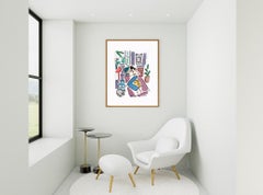 figurative drawing "Woman lying in blue skirt and cat" watercolors and  ink