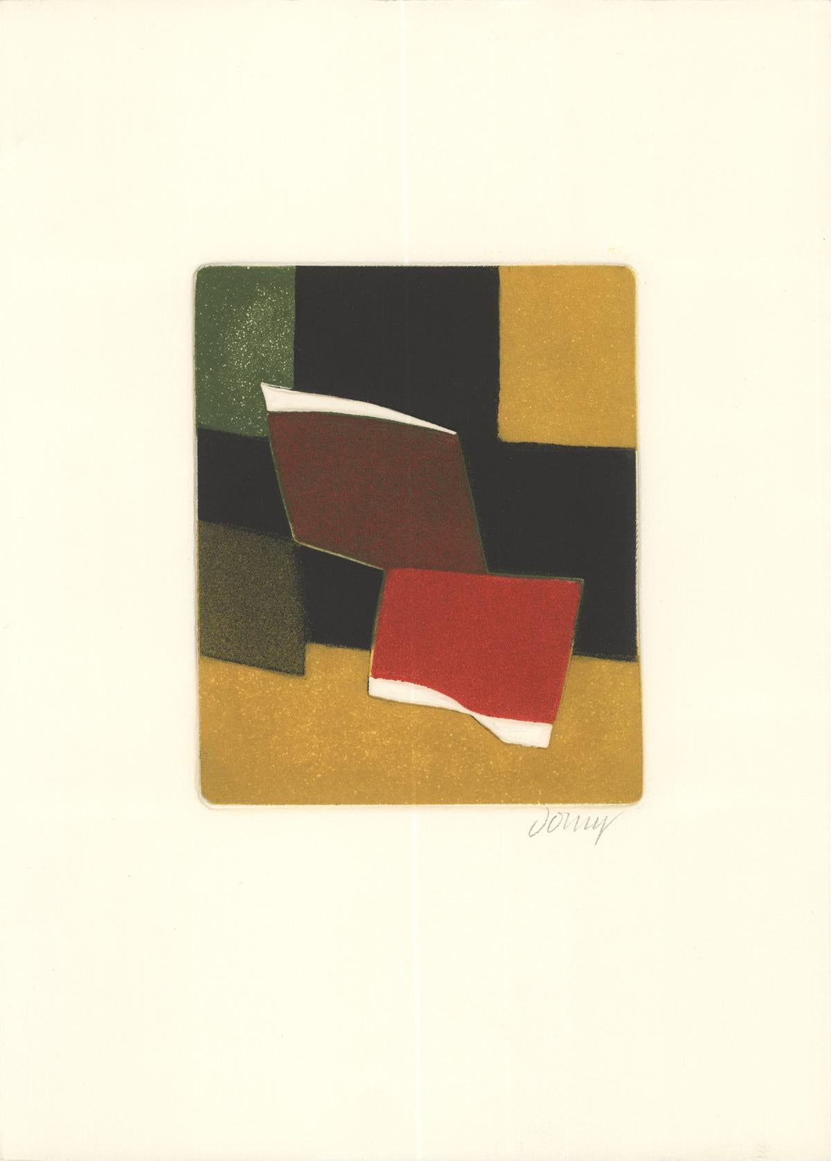 Color Etching from the Pierres D'Ombre portfolio, Signed in pencil by Dorny.  The portfolio consisted of 5 color etchings and was published by La Mata Editeurs, Paris, in 1974.
