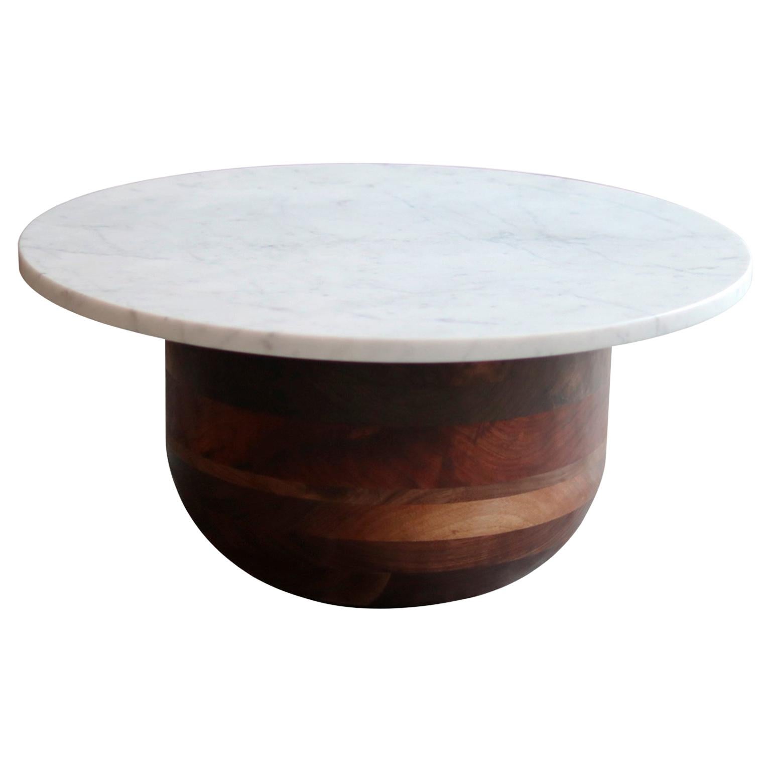 Bertrand Honed Carrera Marble and Walnut Round Pedestal Side Table