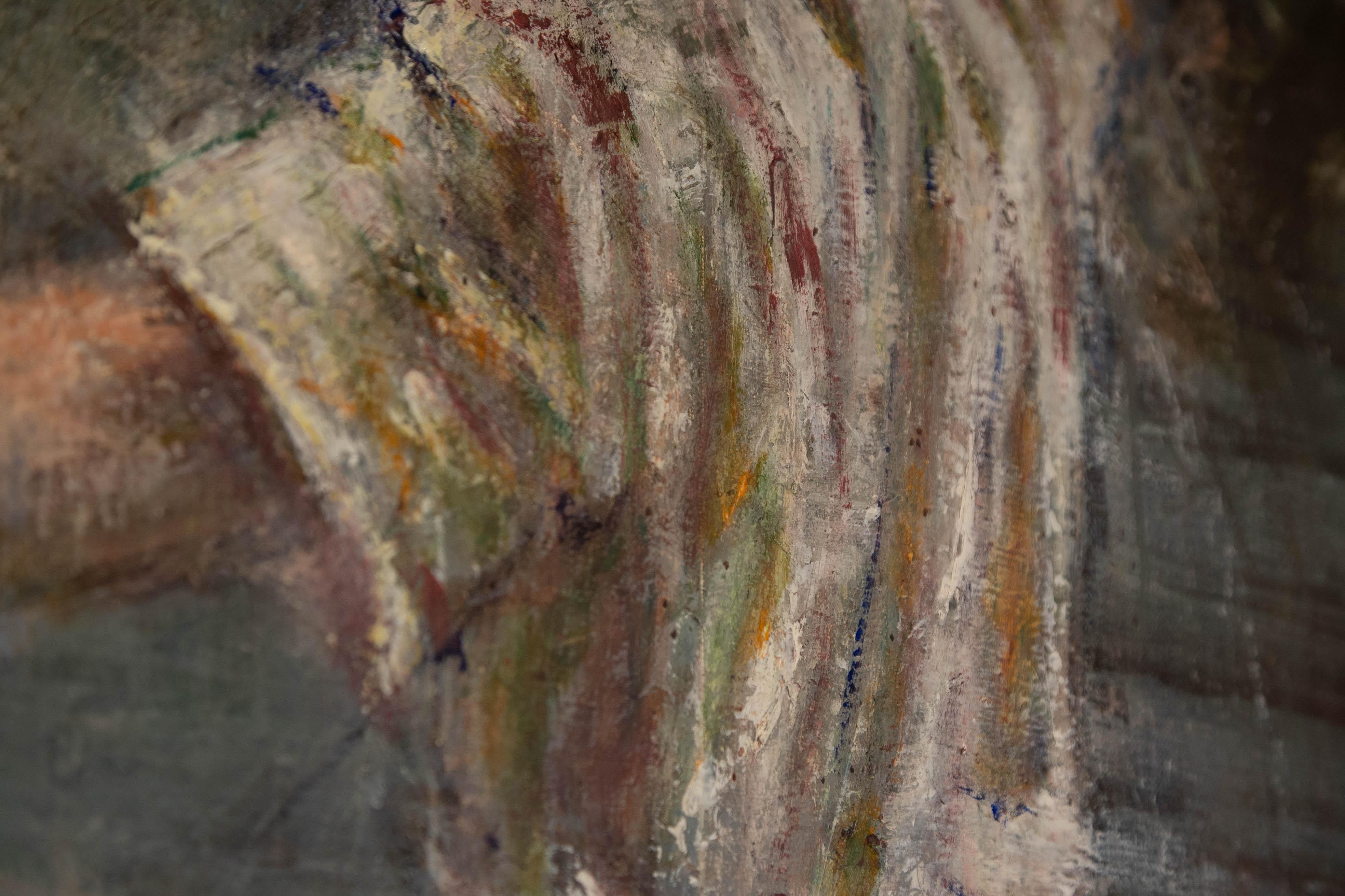 Oil on canvas painting of a balancing man. The artwork is called 'Stay' - Painting by Bertrand Neuman