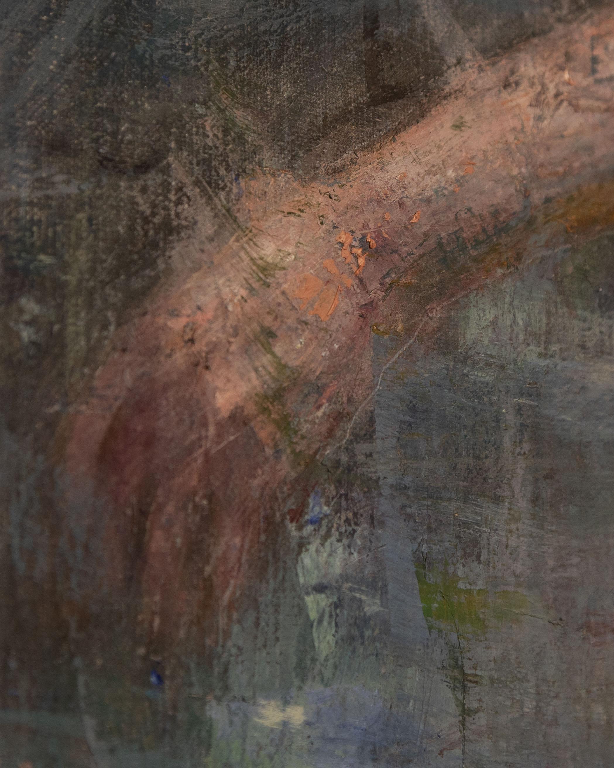 Oil on canvas painting of a balancing man. The artwork is called 'Stay' - Modern Painting by Bertrand Neuman