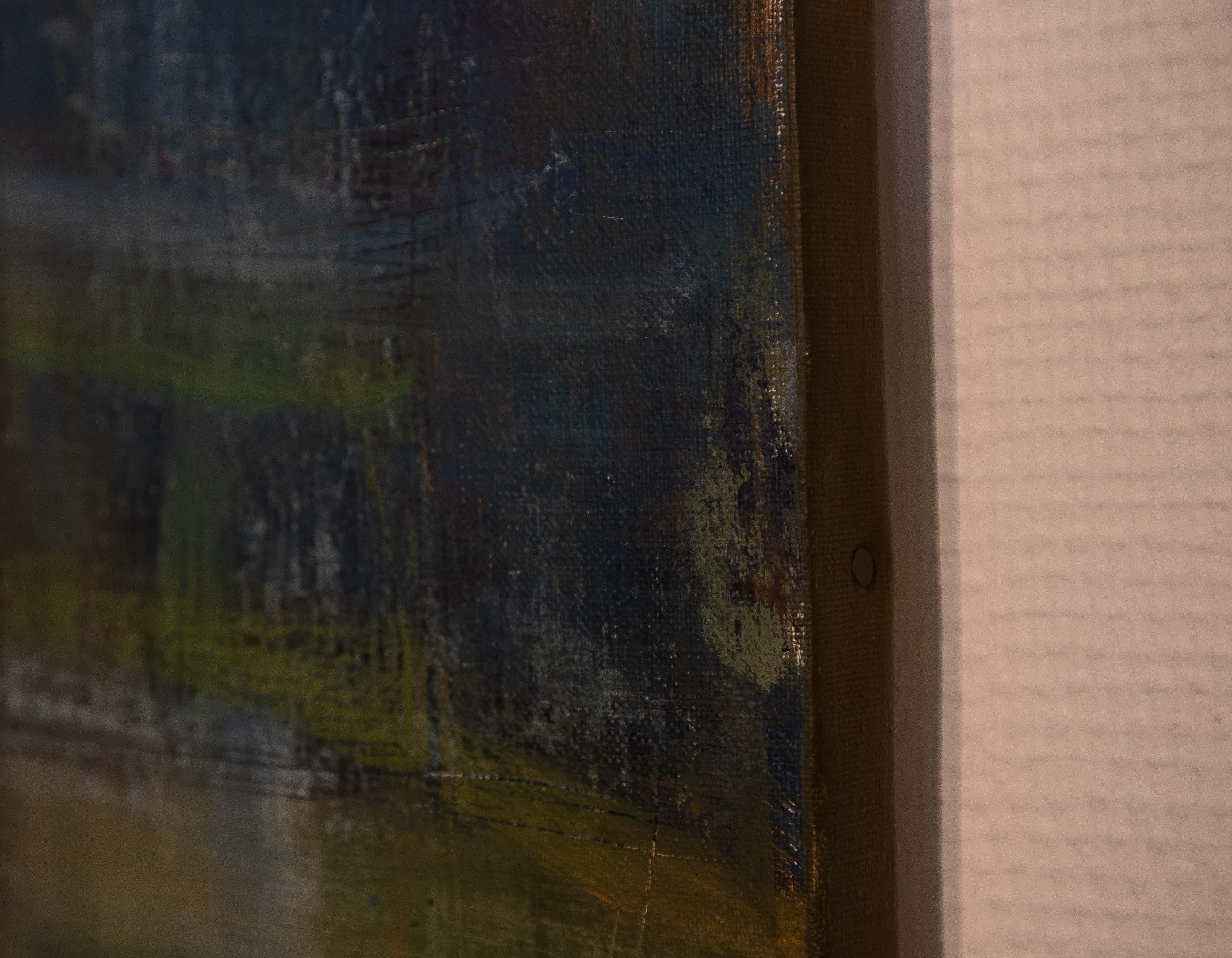 Oil on canvas painting of a balancing man. The artwork is called 'Stay' - Black Figurative Painting by Bertrand Neuman