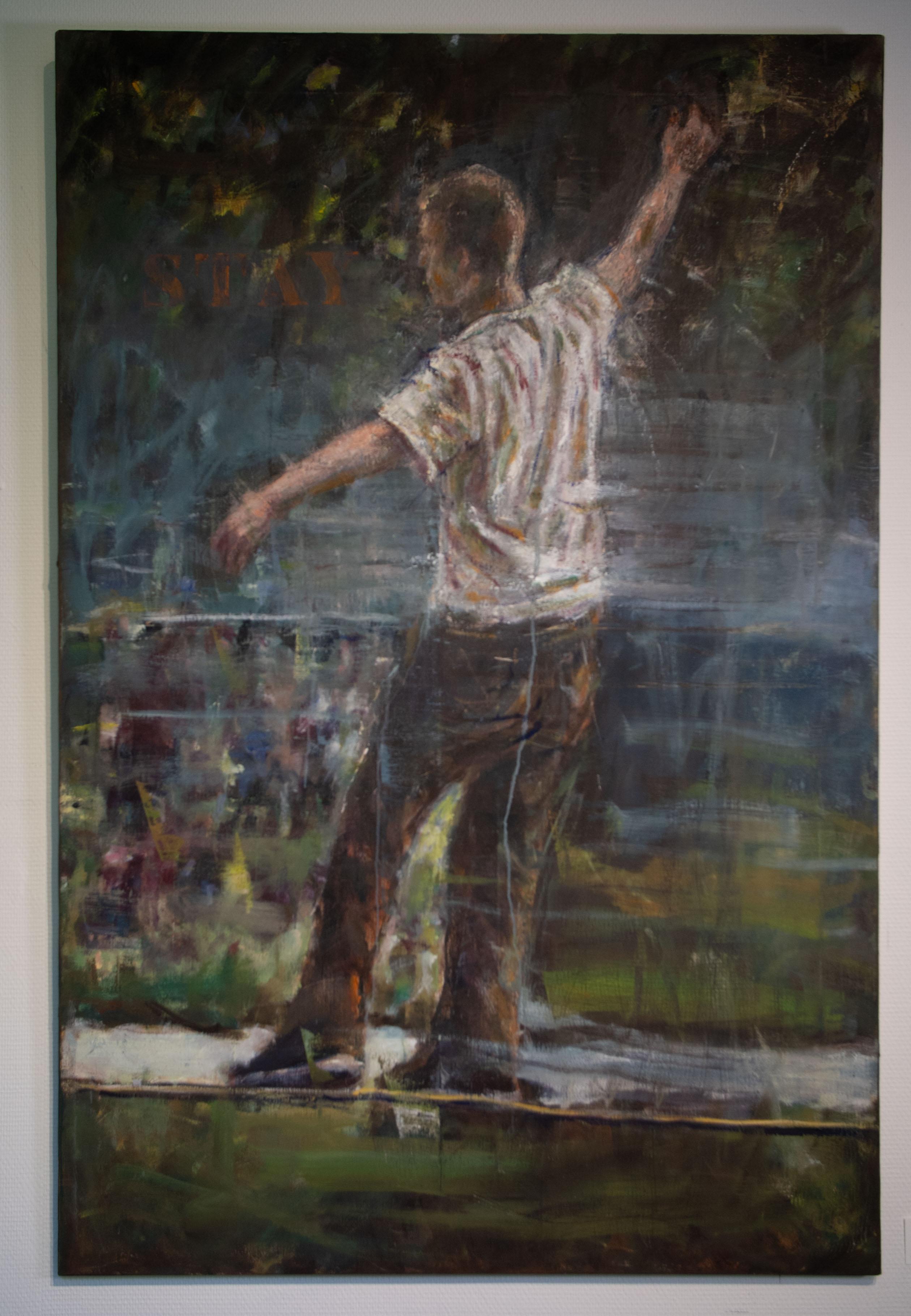 Oil on canvas painting of a balancing man. The artwork is called 'Stay' For Sale 1