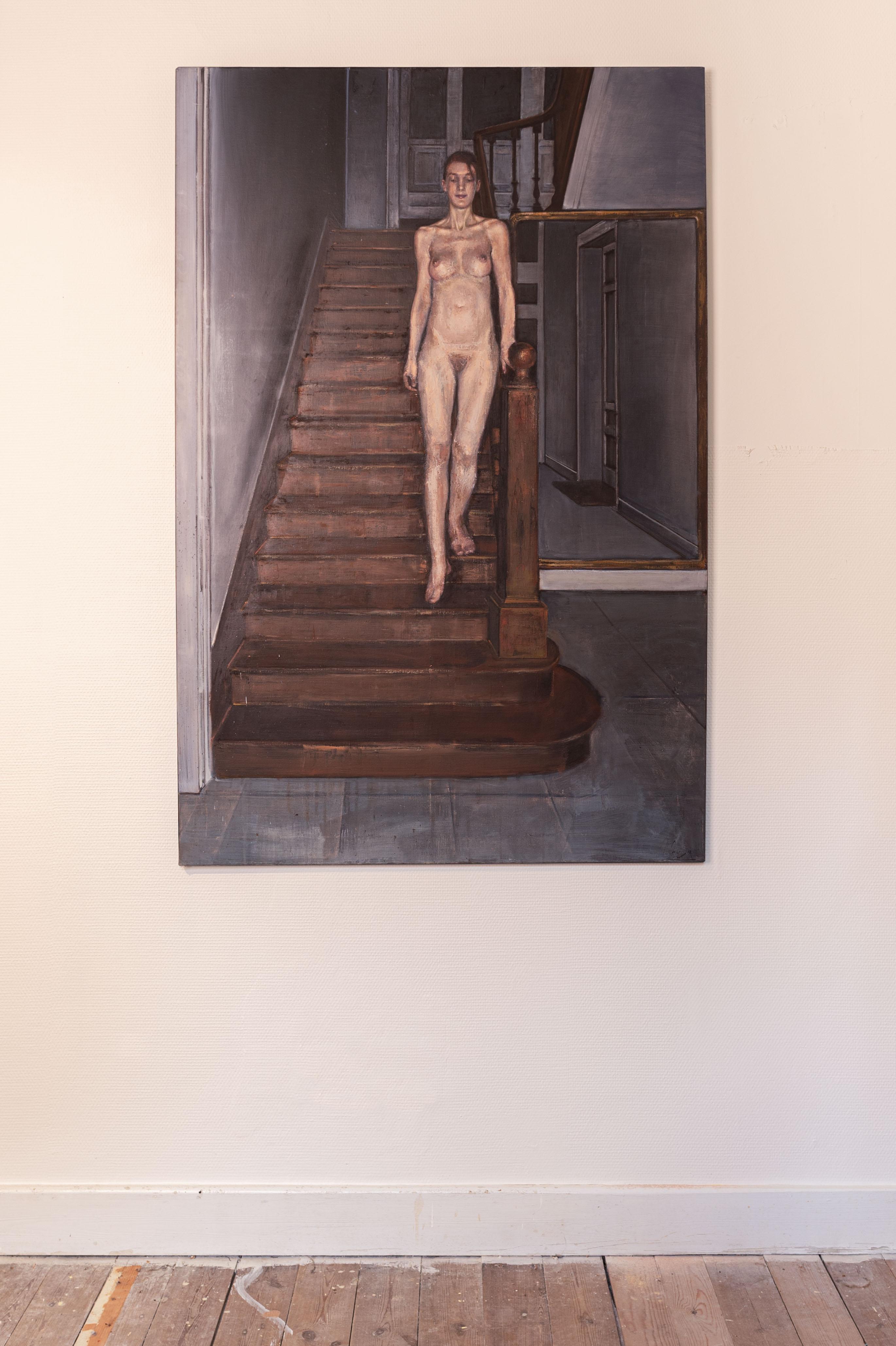 Öl auf Leinwand Gemälde einer nackten Frau, die Treppe hinunterkommt, mit dem Titel „Dream“ – Painting von Bertrand Neuman