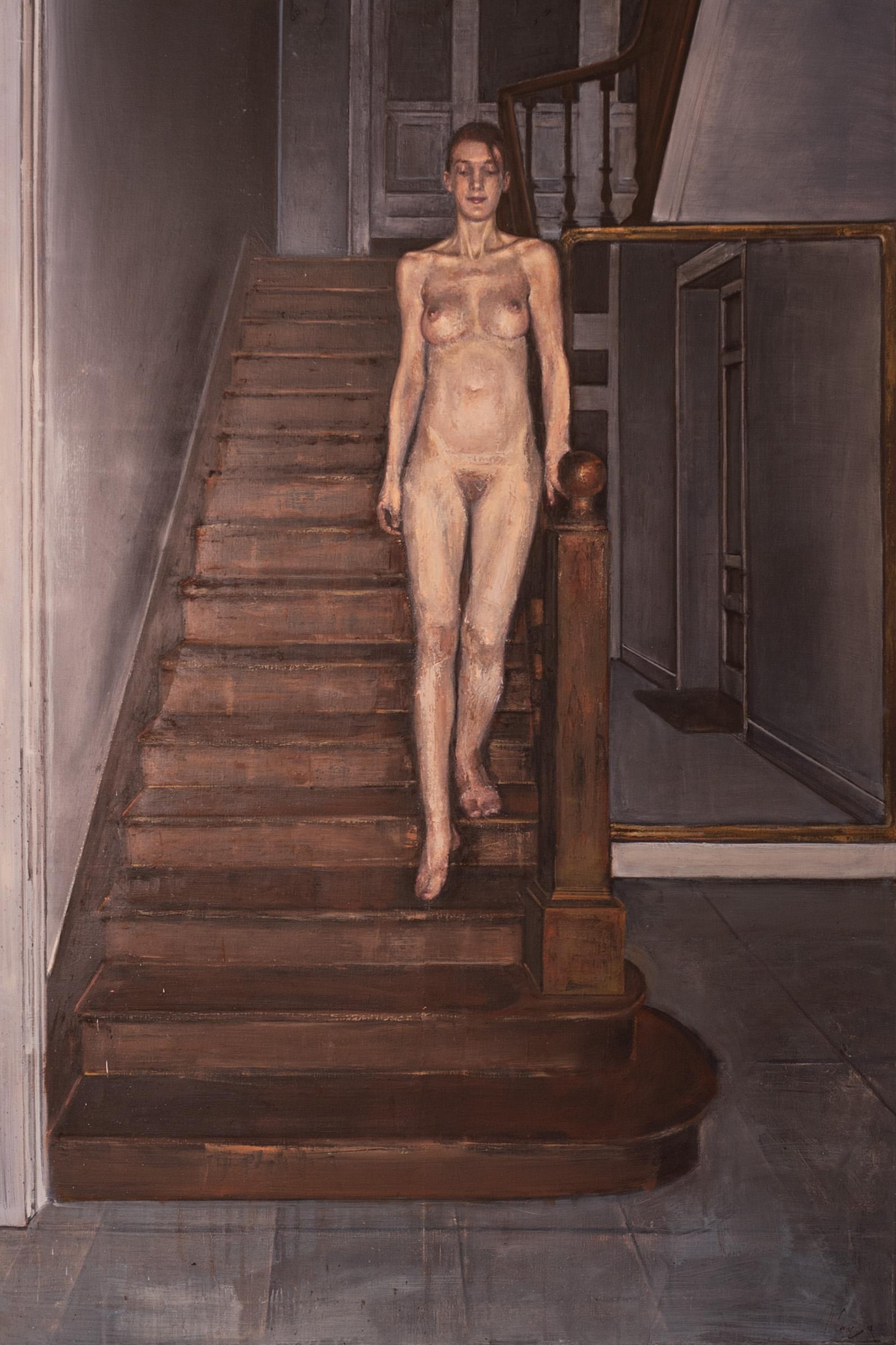 Peinture à l'huile sur toile d'une femme nue descendant des escaliers, appelée « Dream »