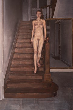 Dipinto a olio su tela raffigurante una donna nuda che scende le scale, intitolato "Sogno".