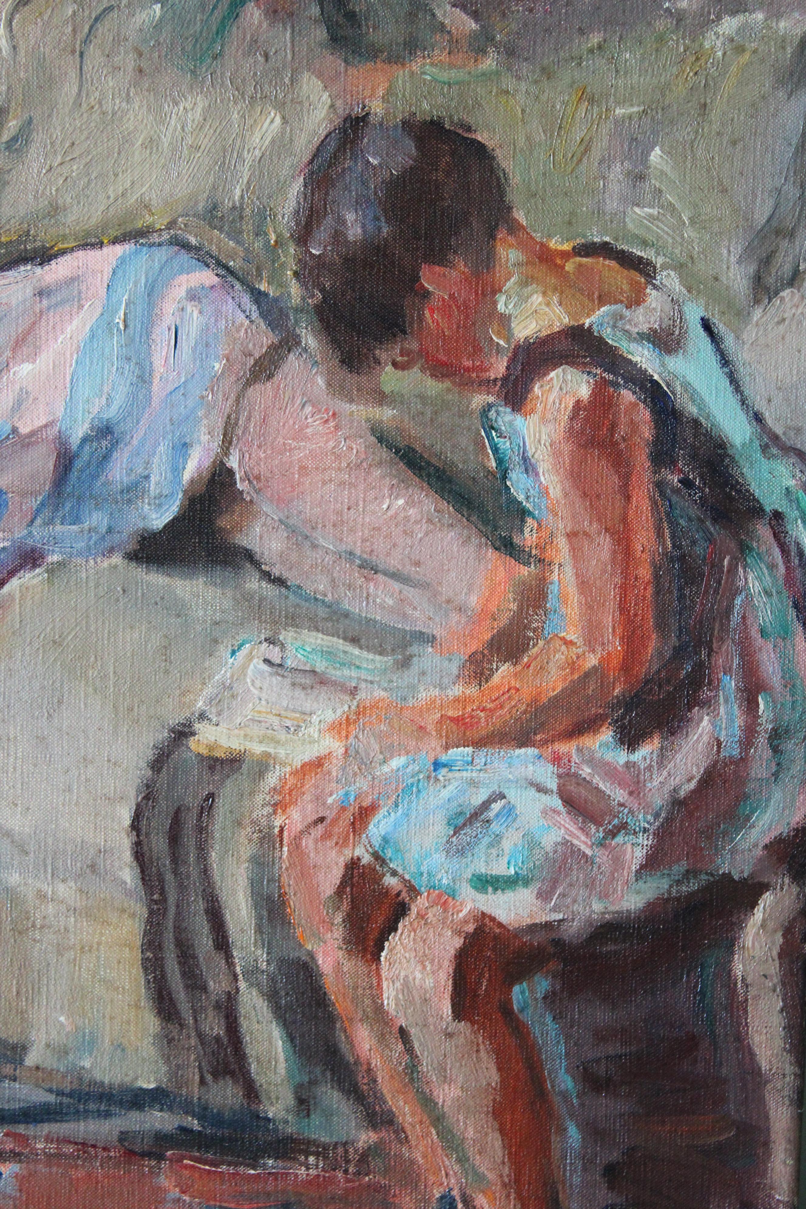 Portrait figuratif intérieur peinture à l'huile - Femmes et enfant portrait en vente 6