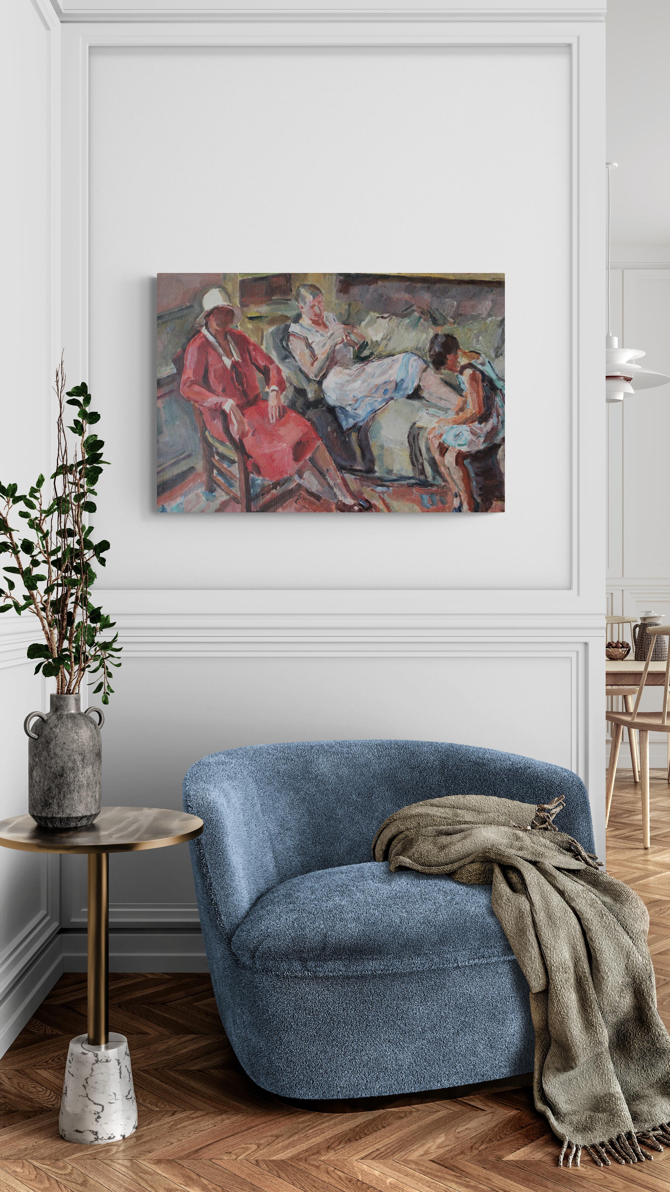 Ancienne peinture à l'huile figurative post impressionniste Art Déco de l'artiste français Bernard Py.  Cette peinture d'intérieur animée de grande taille représentant deux femmes et une fille attire l'attention.  Un tableau coloré où l'artiste a