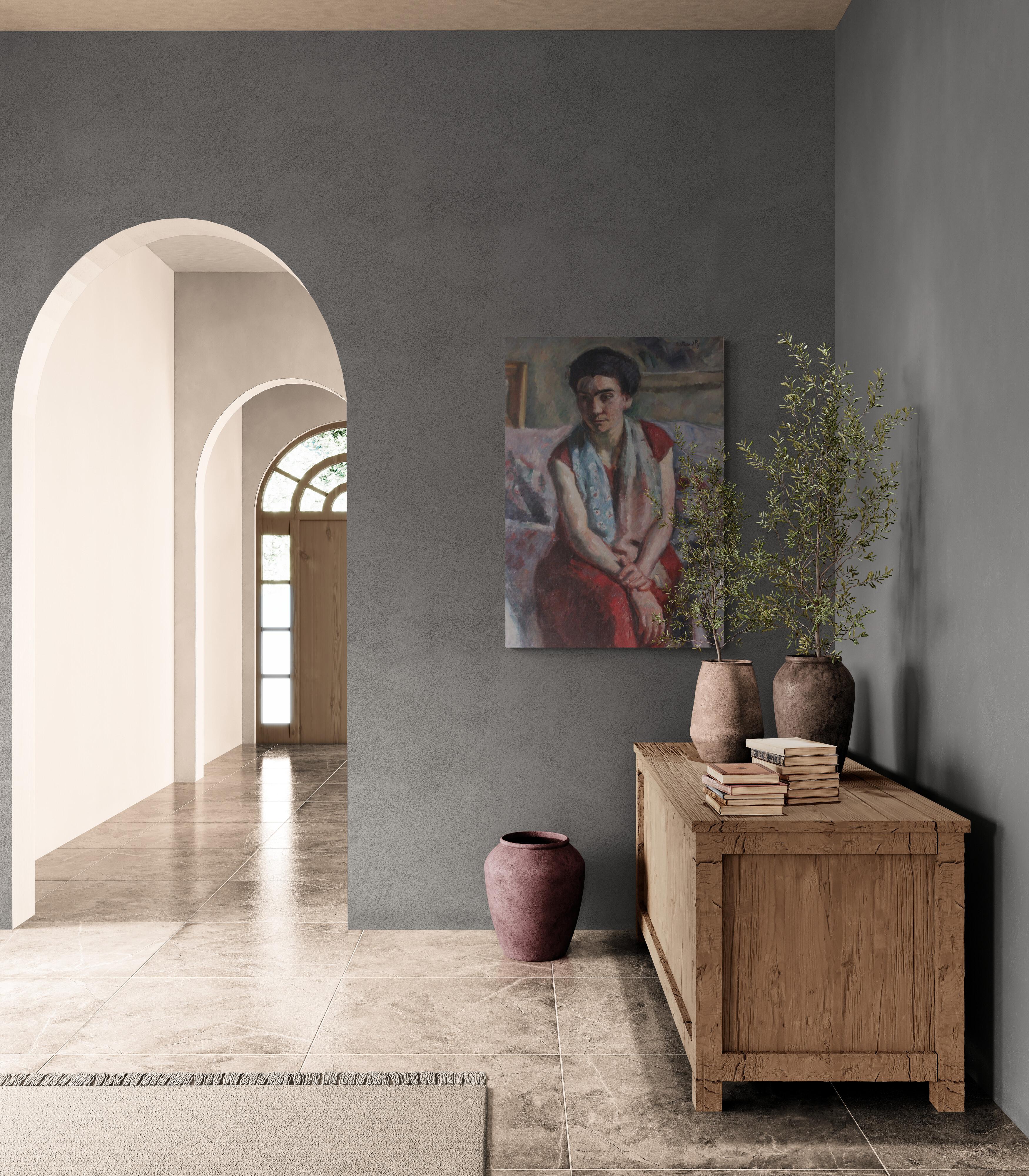 Large post impressionist Art Deco figurative oil painting by French artist Bernard Py from the 1920, living, bedroom or dining decor.  This large size portrait painting of a woman in an interior with animated and lavish brush strokes with good depth