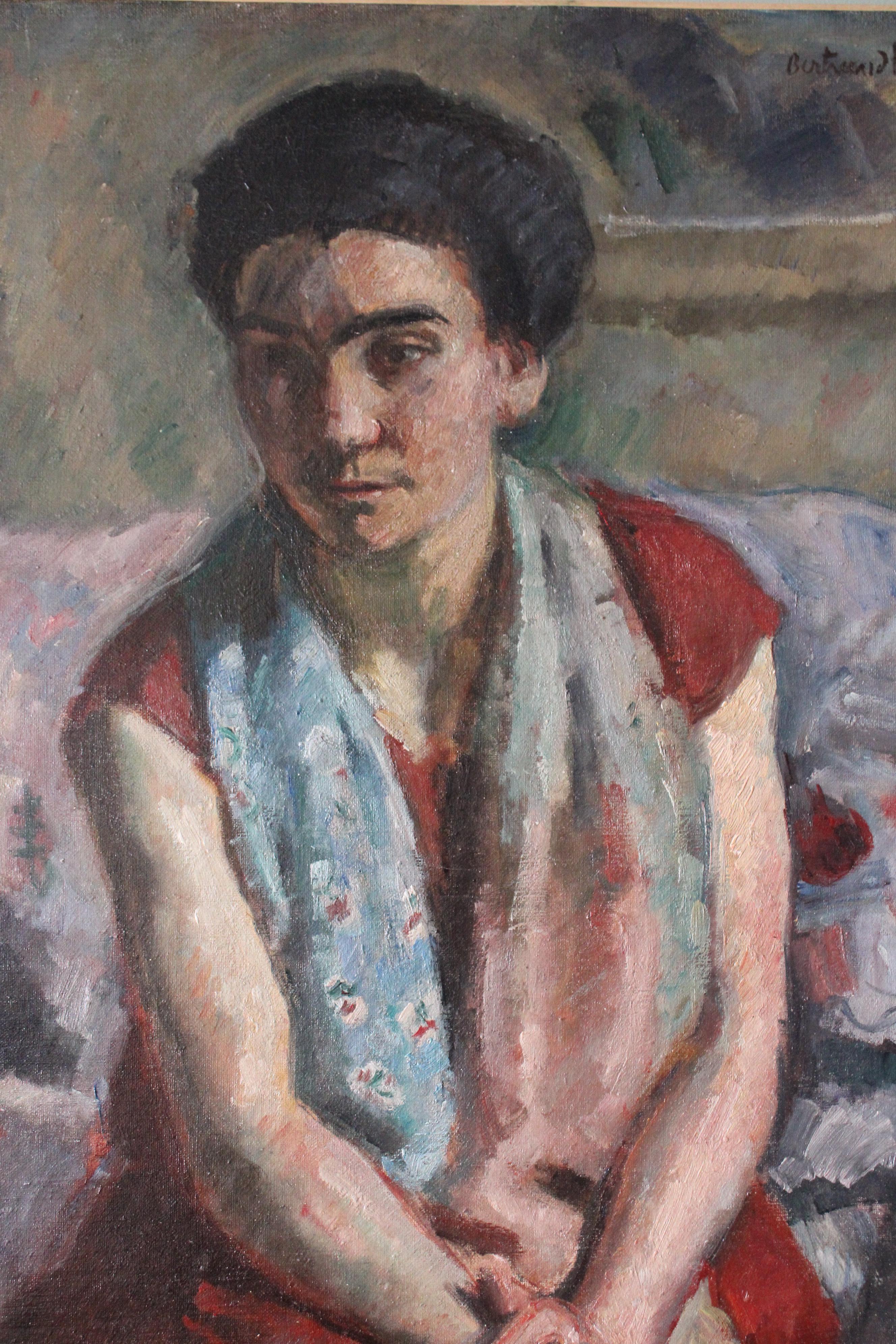 Large Antique Post Impressionist Portrait Oil Painting on Canvas by Bertrand Py - Gray Portrait Painting by Bertrand PY