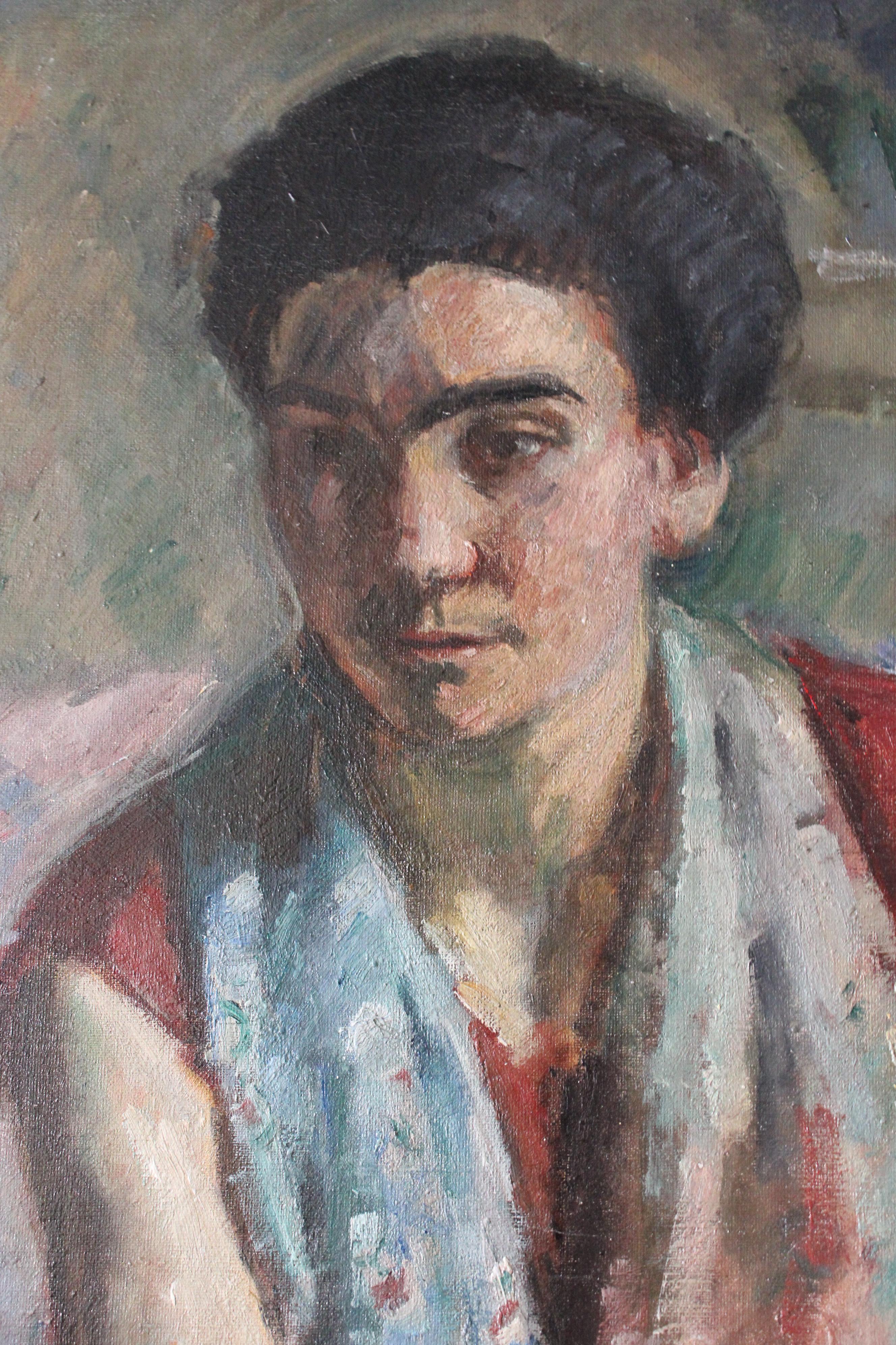 Large Antique Post Impressionist Portrait Oil Painting on Canvas by Bertrand Py For Sale 5