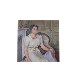 Large vintage portrait oil painting of a woman sitting, interior oil painting