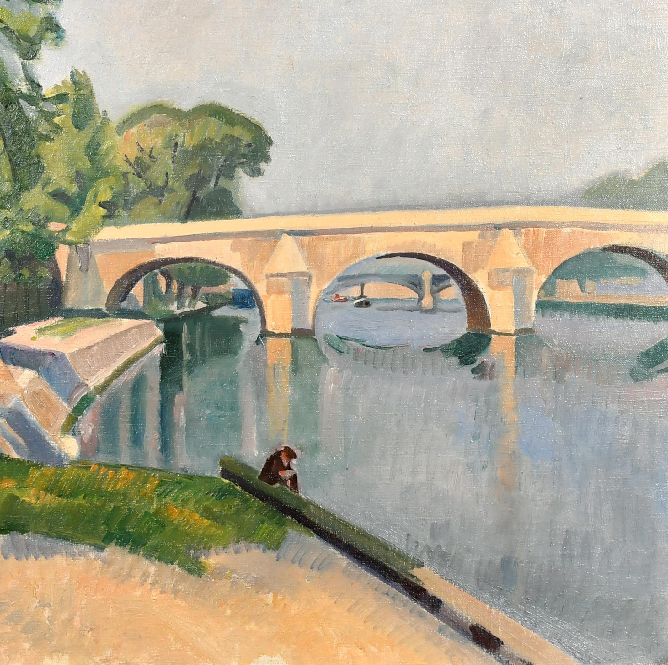 Le Pont Royal – Französisches postimpressionistisches Ölgemälde der Pariser Stadt, 1930er Jahre (Braun), Landscape Painting, von Bertrand PY