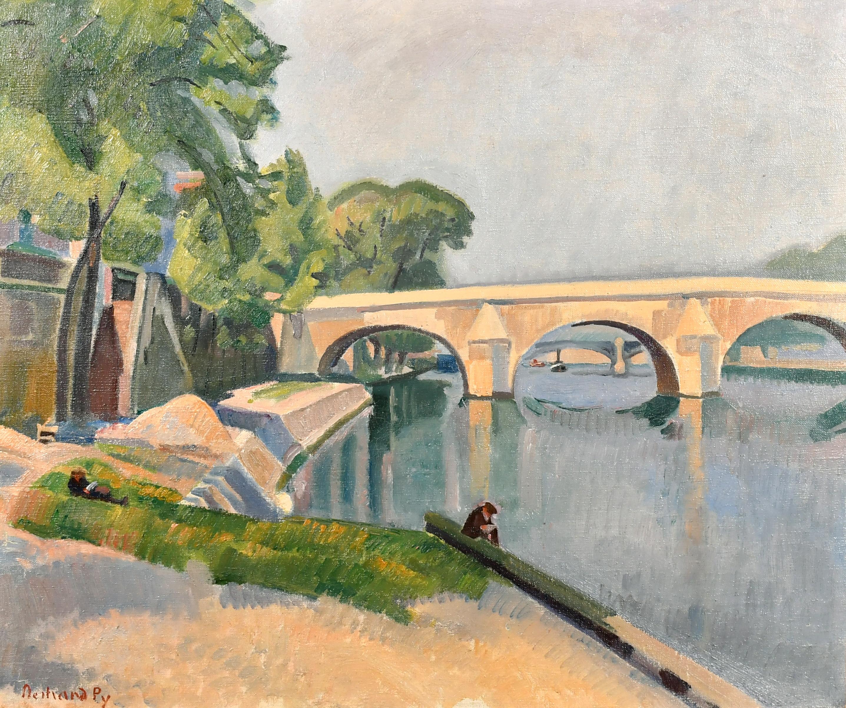 Bertrand PY Landscape Painting - Le Pont Royal - 1930's French Post-Impressionist Seine Paris City Oil Painting