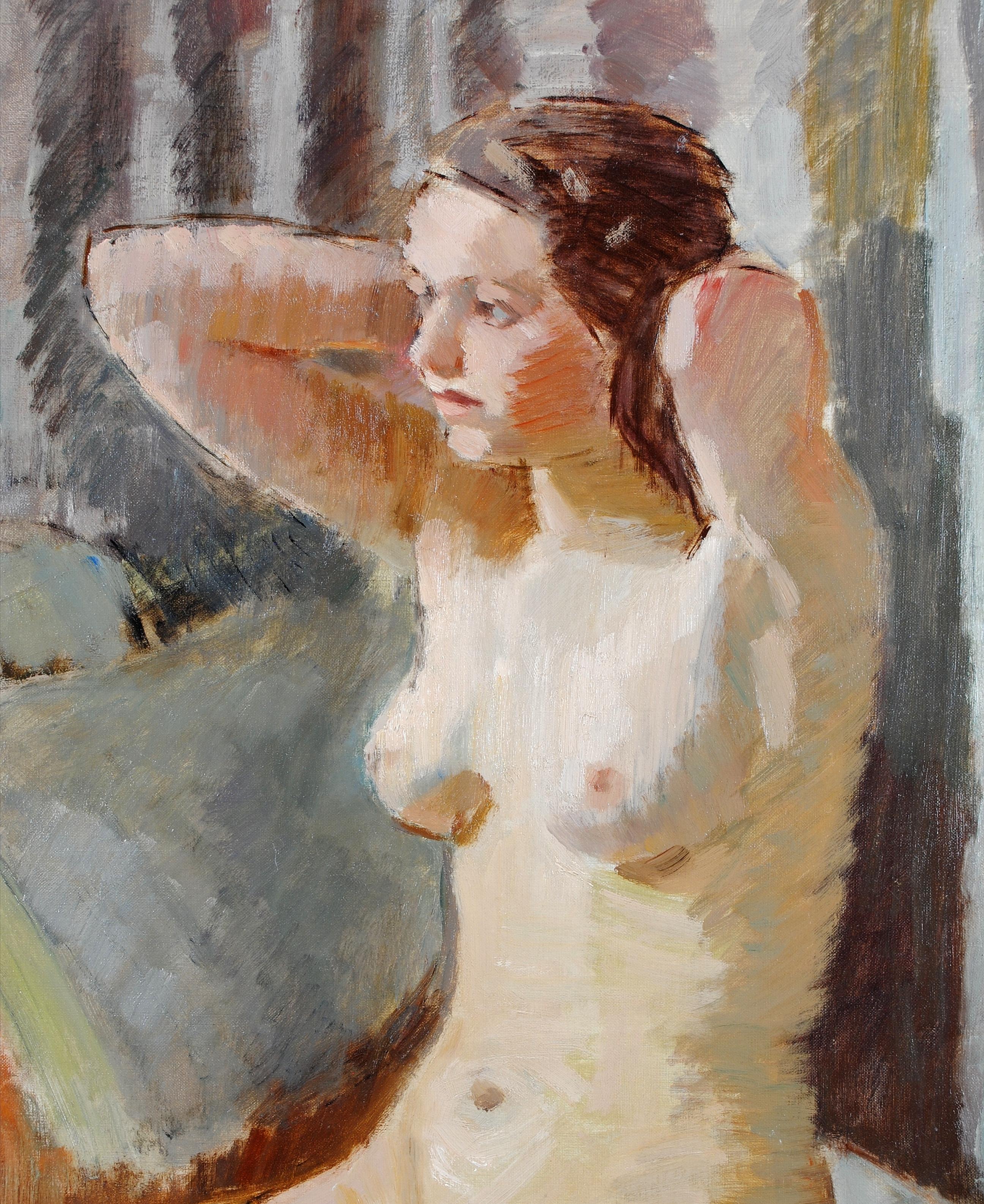 Ritratto di donna nuda - Quadro su tela francese post-impressionista degli anni '30 - Portrait Painting Marrone di Bertrand PY