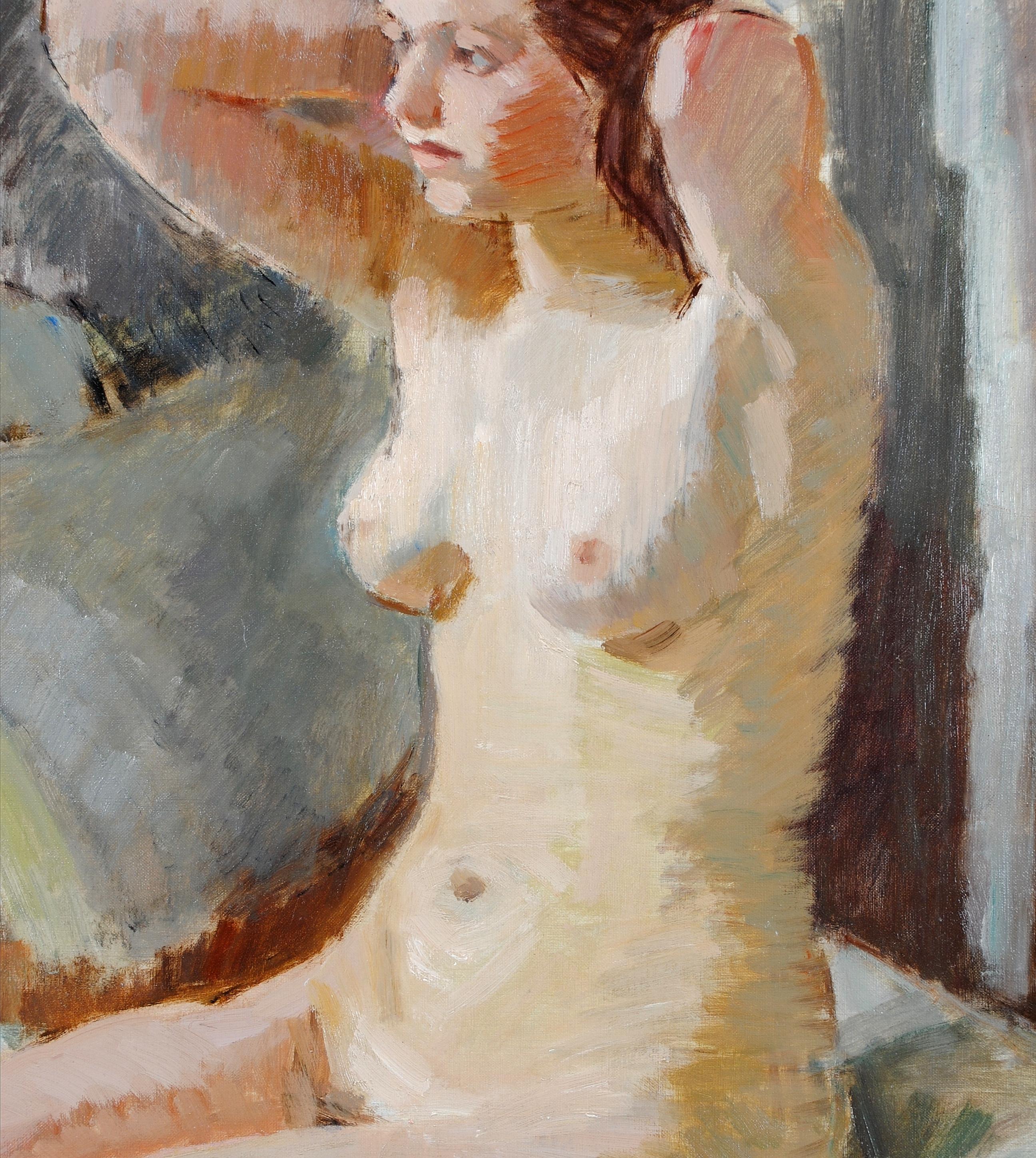Un bellissimo ritratto di donna nuda nello studio dell'artista, realizzato da A. Bertrand Py, un grande olio su tela francese post-impressionista del 1930. 

Ritratto di ottima qualità e in ottime condizioni di una signora seduta su una chaise