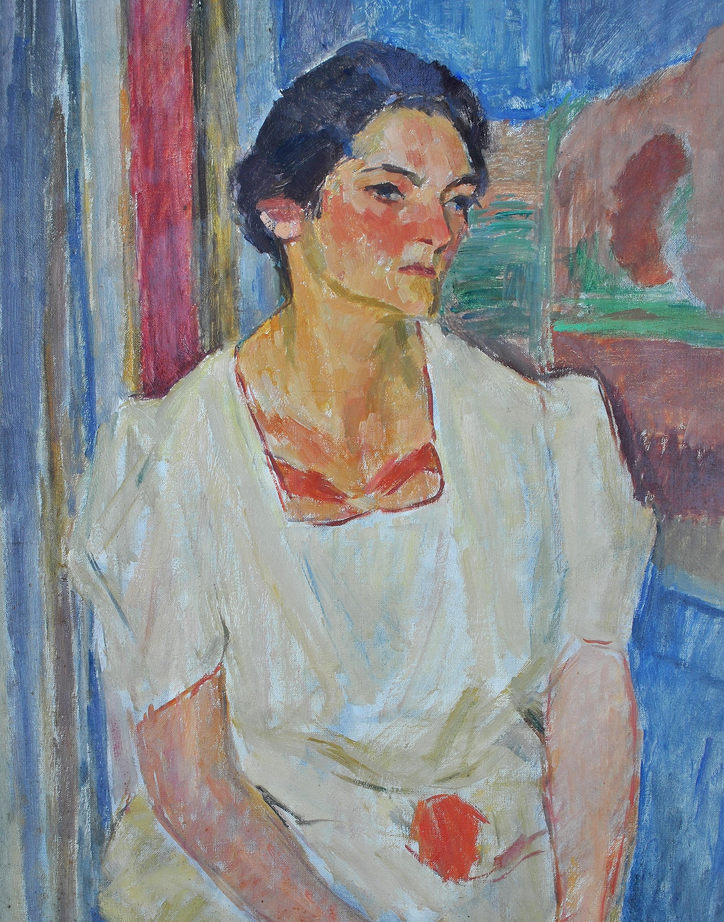 A beautiful large 1930's French post-impressionist oil on canvas portrait of a lady in the artist's studio, by Bertrand Py. Excellent quality and very good condition portrait of the lady, with a painting of a bridge on the wall next to her. Signed