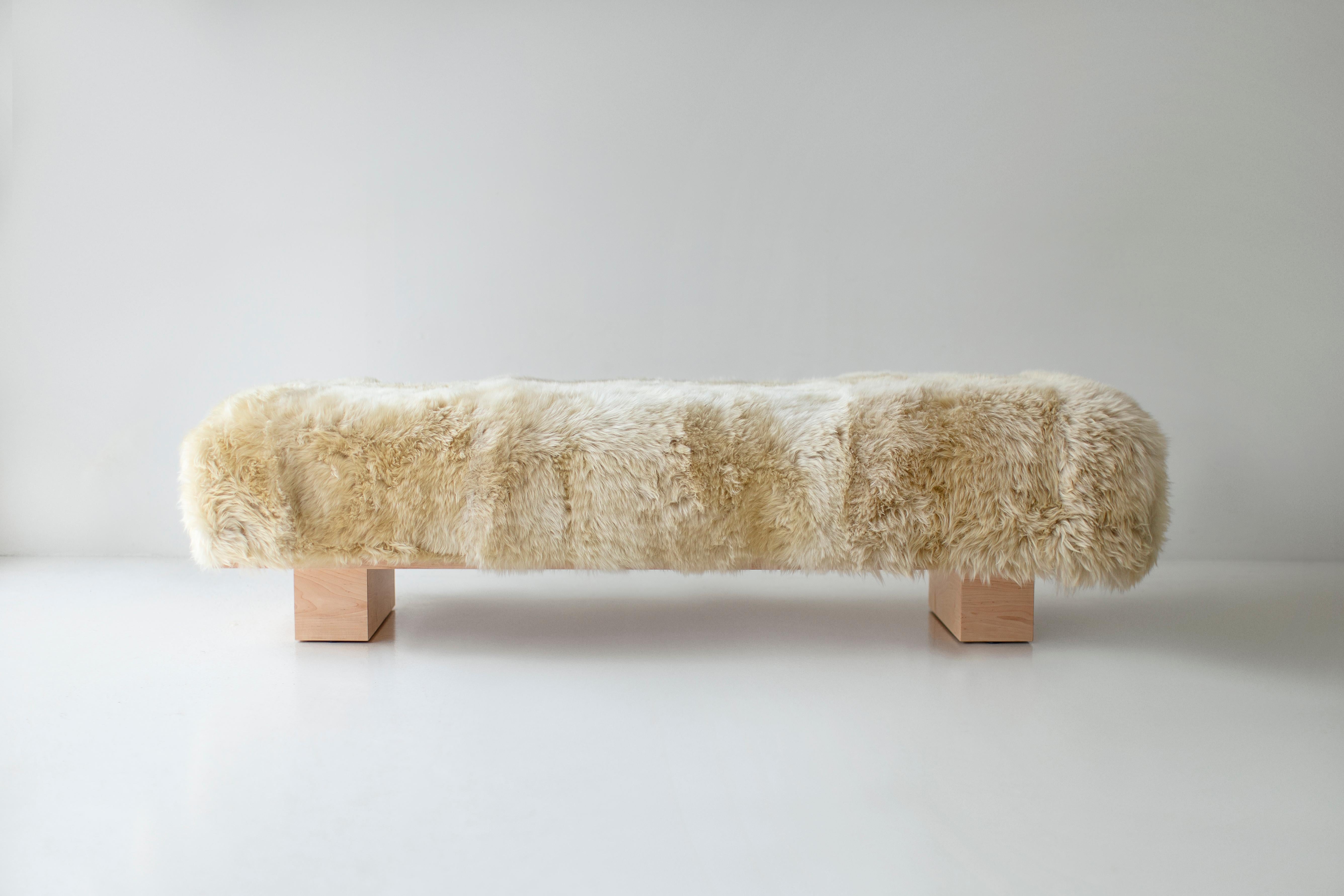 Bertu Benches, Suelo Big Modern Sheepskin Fur Bench, Sheepskin with Maple For Sale 5