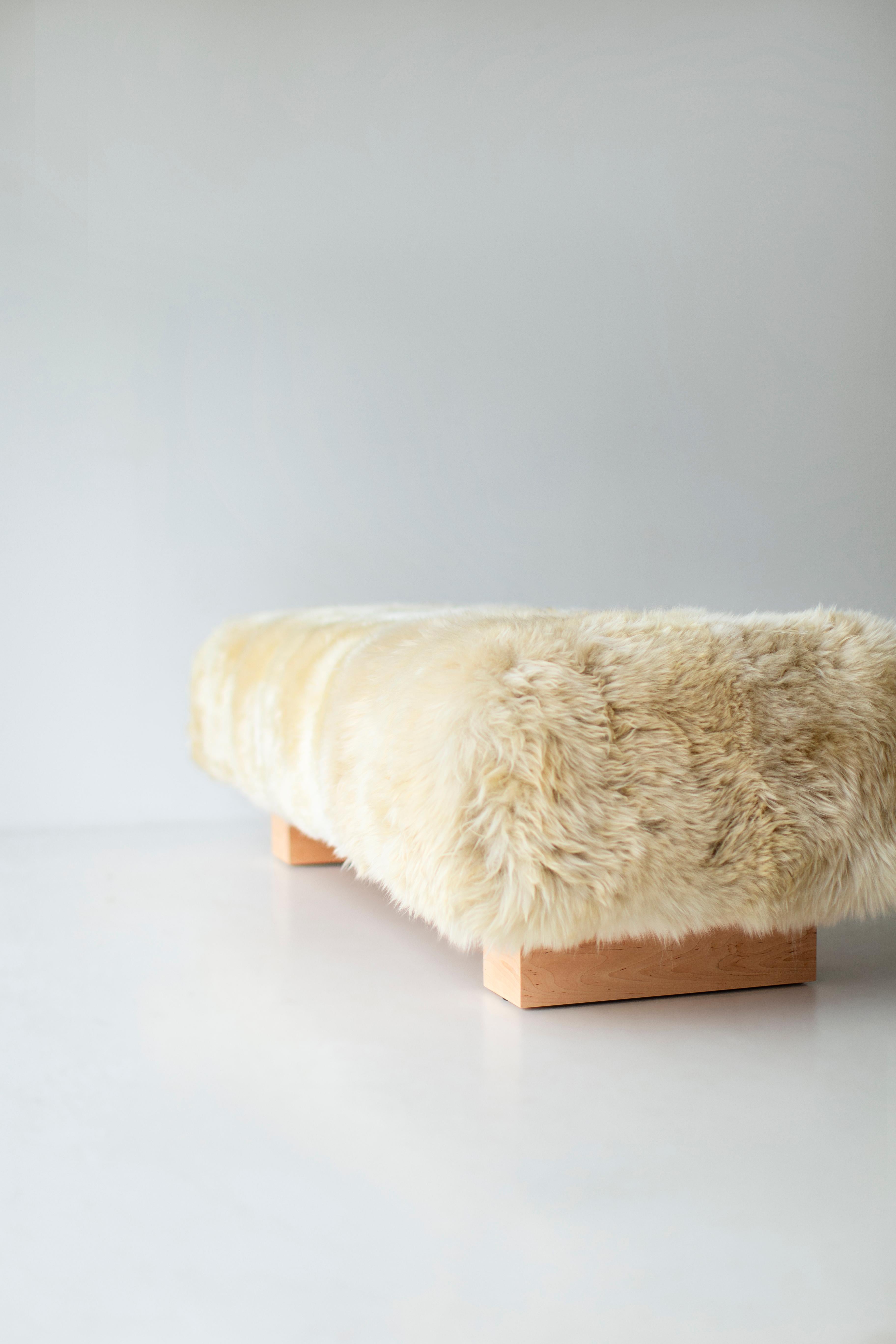Contemporary Bertu Benches, Suelo Big Modern Sheepskin Fur Bench, Sheepskin with Maple For Sale