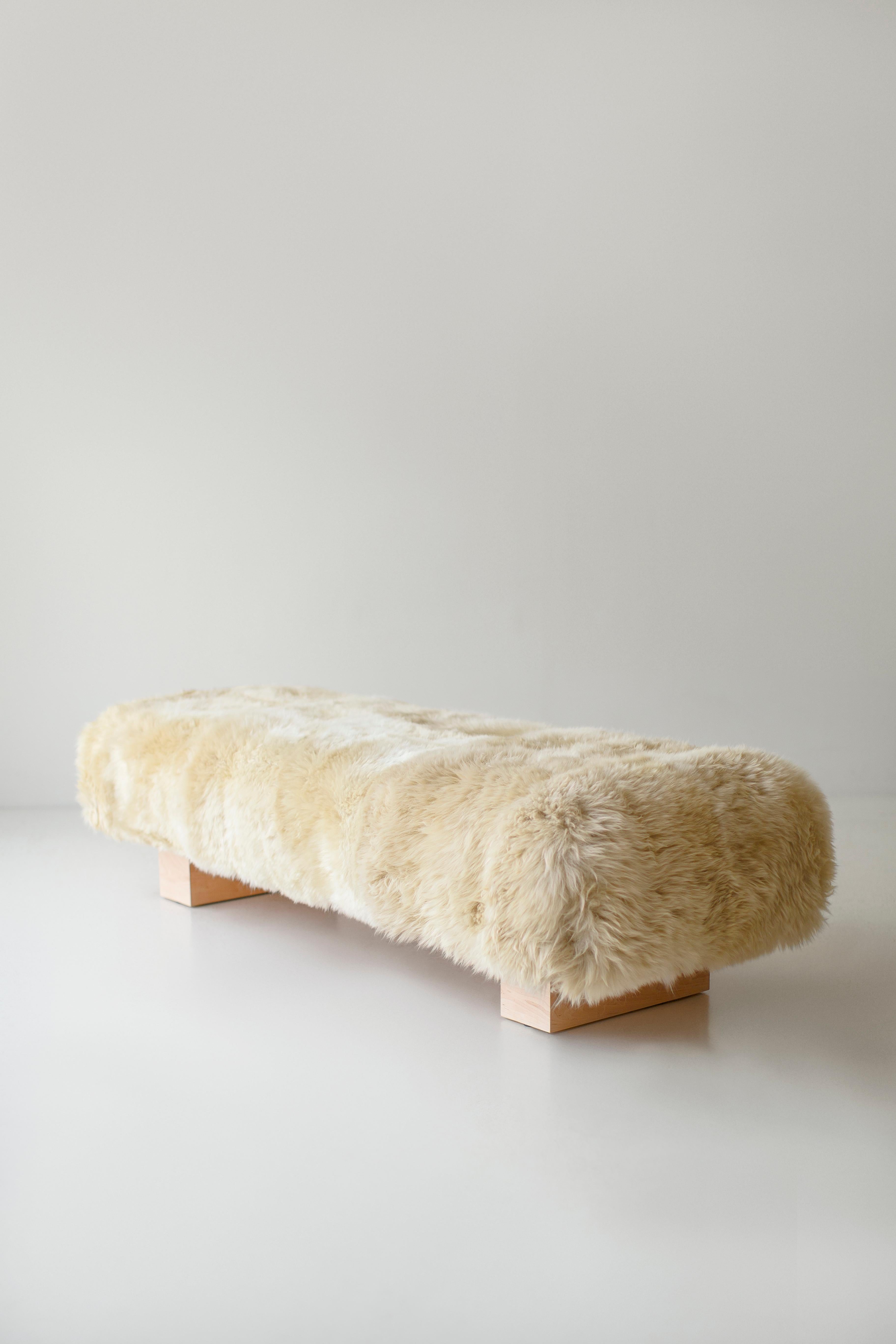 Bertu Benches, Suelo Big Modern Sheepskin Fur Bench, Sheepskin with Maple For Sale 2