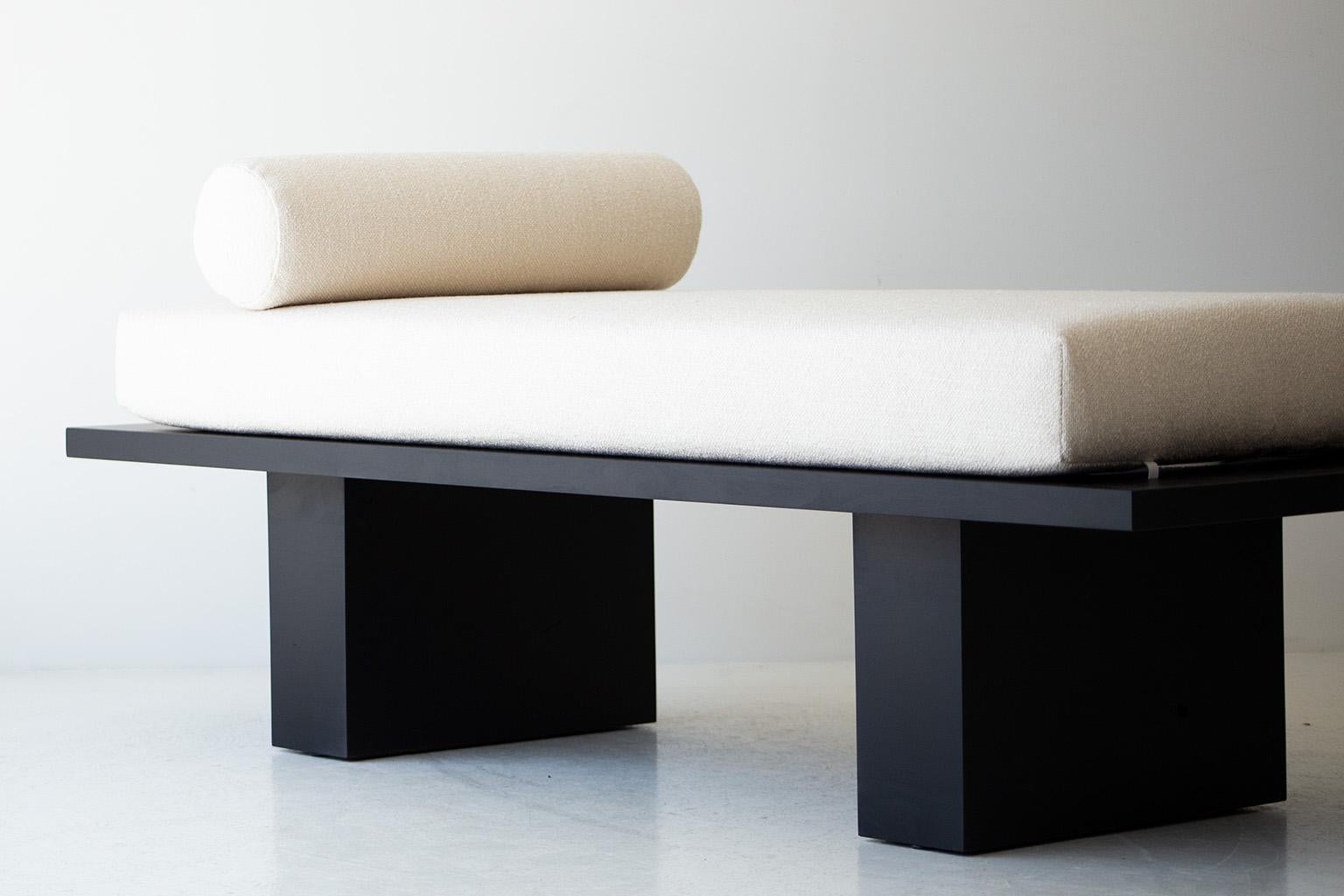 American Bertu Benches, Suelo Modern Bench, Lumbar Pillows, Upholstered, White, Black For Sale