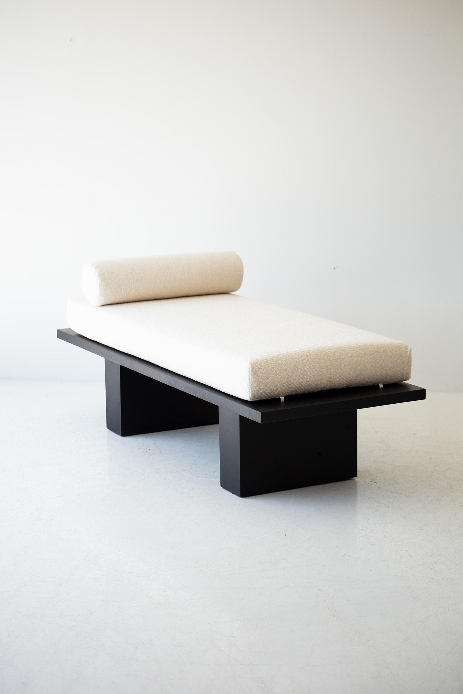 Contemporary Bertu Benches, Suelo Modern Bench, Lumbar Pillows, Upholstered, White, Black For Sale