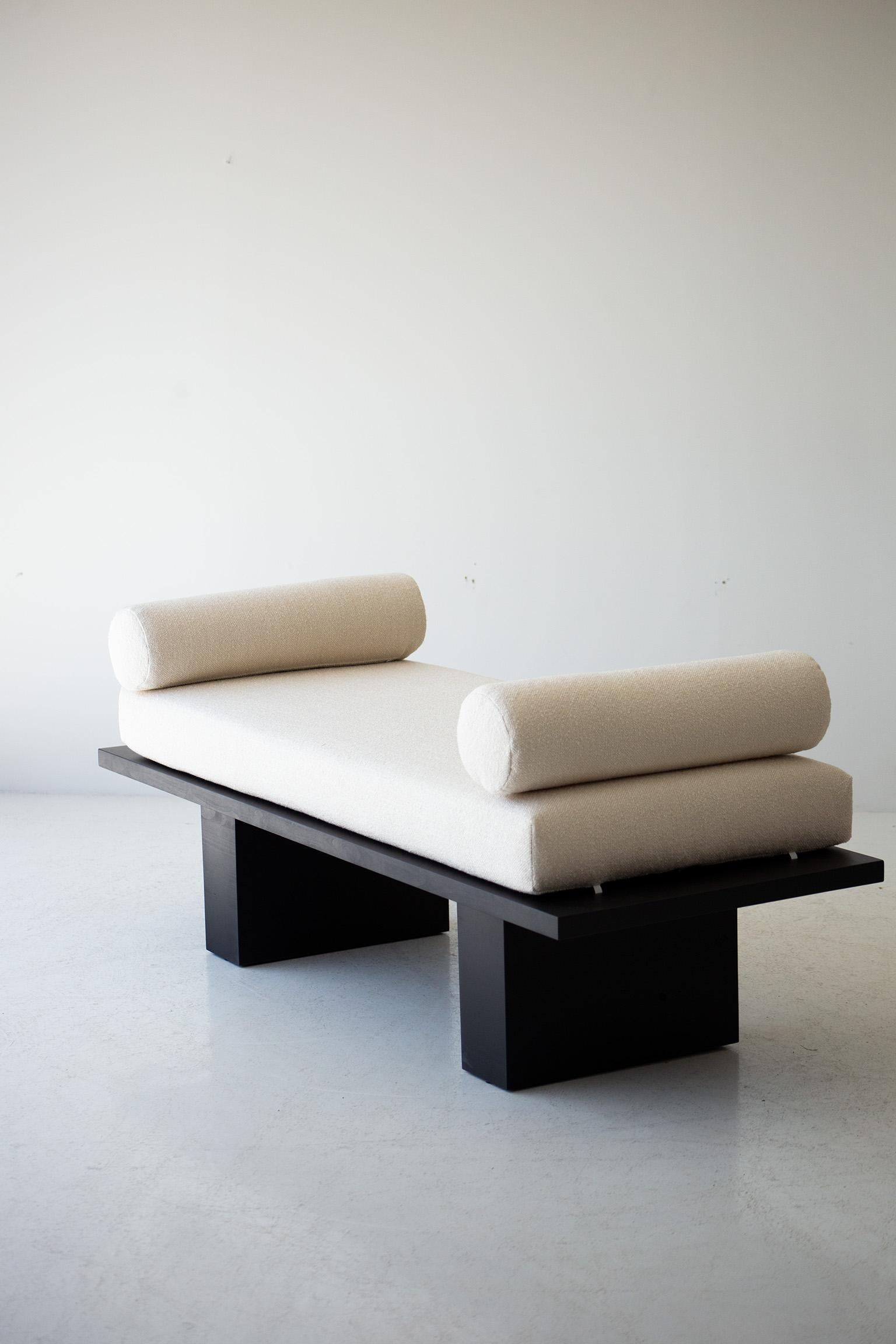 Bertu Benches, Suelo Modern Bench, Lumbar Pillows, Upholstered, White, Black For Sale 2