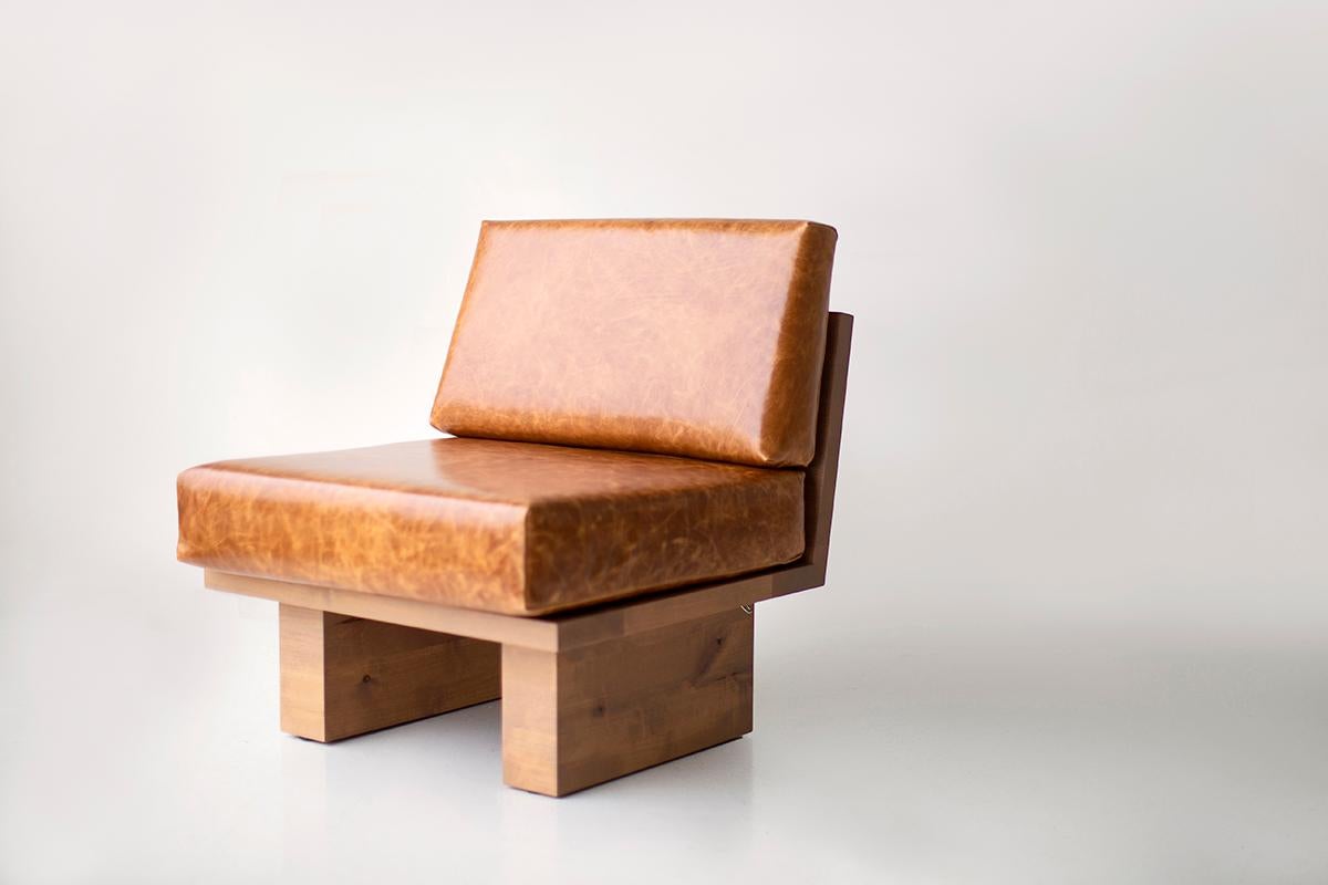 Wood Bertu Side Chair, Suelo Modern Leather Side Chair, Knotty Alder For Sale