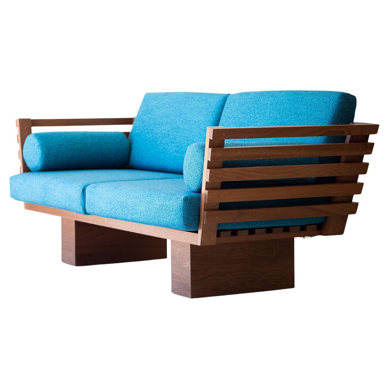 Bertu Sofa, Patio Sofa, Mahogany in Teal Outdoor Fabric