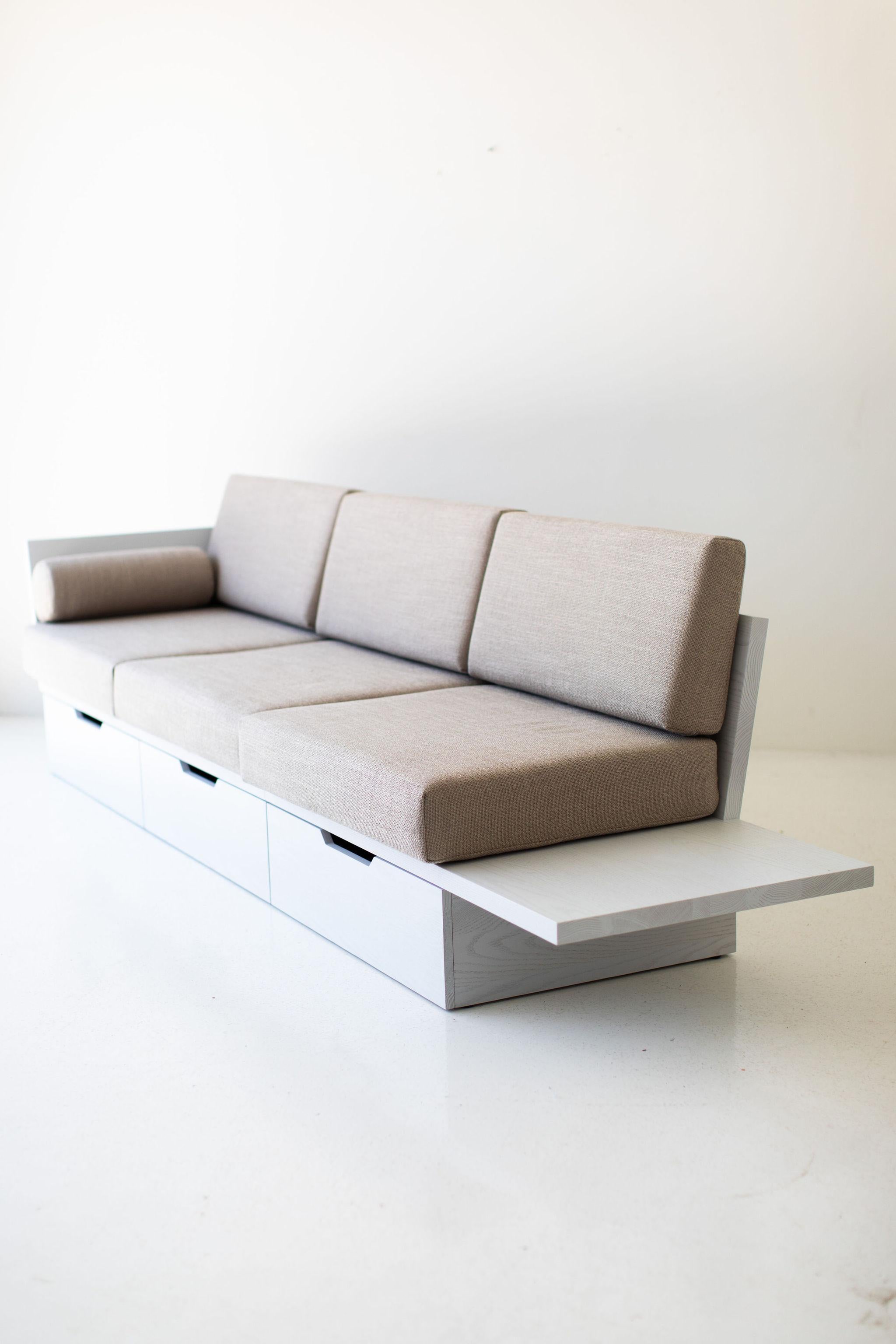 Bertu Sofas, Suelo® Oak Sofa, Storage, Side Table, Modern 

This Oak Suelo® Sofa with Storage and Side Table is beautifully constructed from solid wood in Ohio, USA. The sofa's silhouette is simple, modern, and sleek with comfortable back and seat